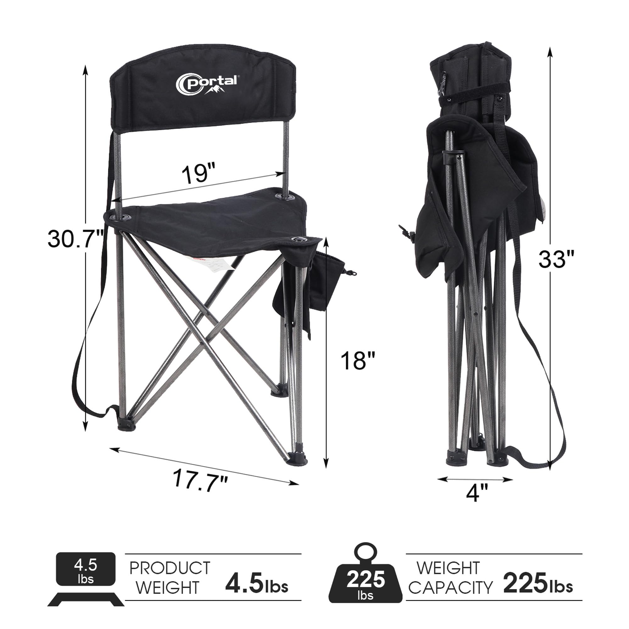 PORTAL Extra Large Quick Folding Tripod Stool with Backrest - Lightweight Portable Camping Chair with Carry Strap for Fishing, Hunting, Hiking & Outdoor Adventures