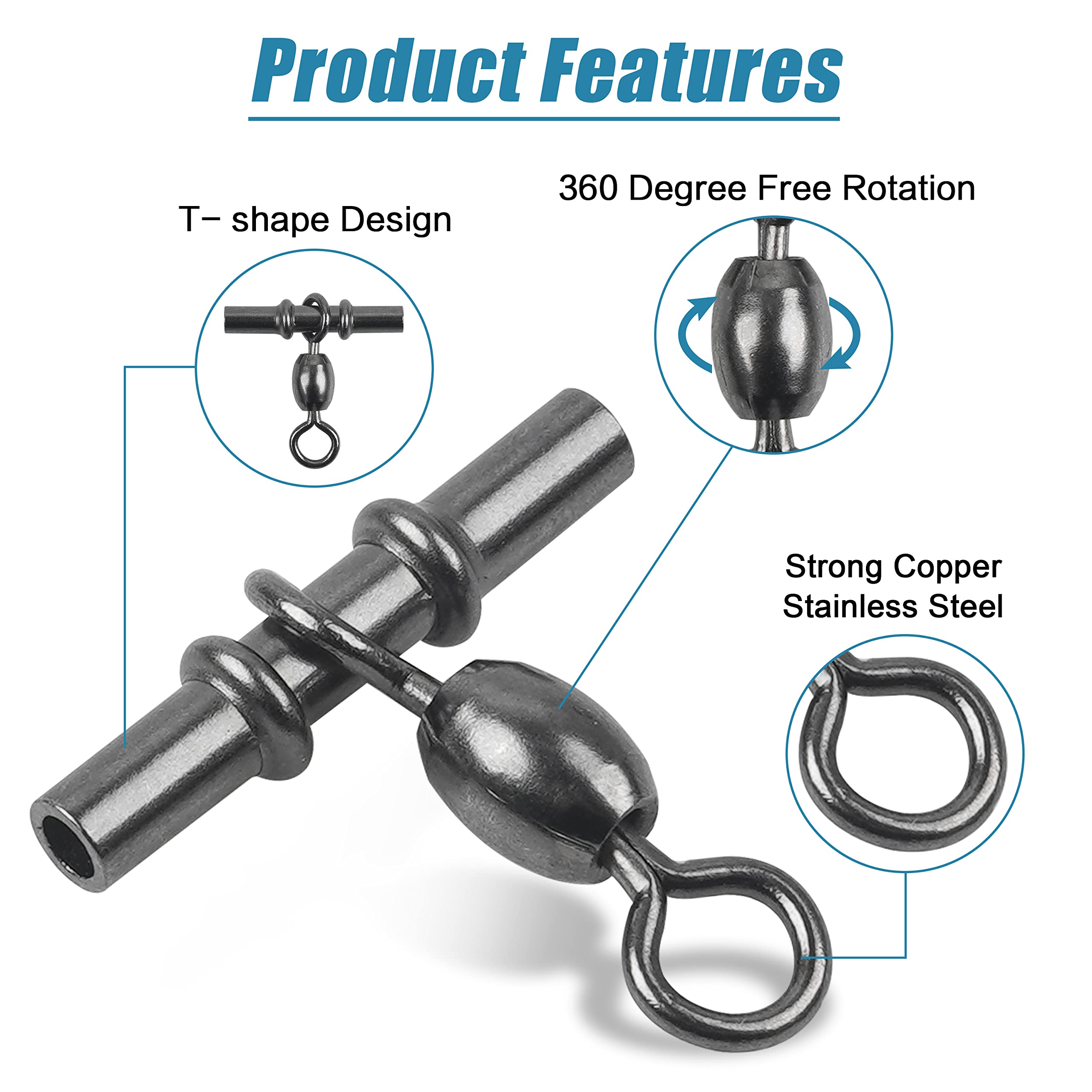 JL Sport 3-Way Fishing Swivels 20/50Pcs - T-Shape Connector for Saltwater & Freshwater Fishing