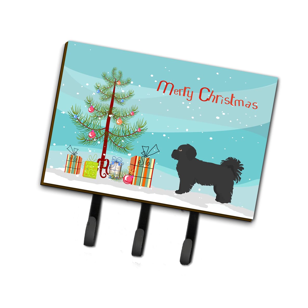 Caroline's Treasures Black Pekeapoo Christmas Tree Leash & Key Holder Hooks - Colorful Dog Leash & Wall Organizer for Holiday Decor, Pet Accessories & Home Organization