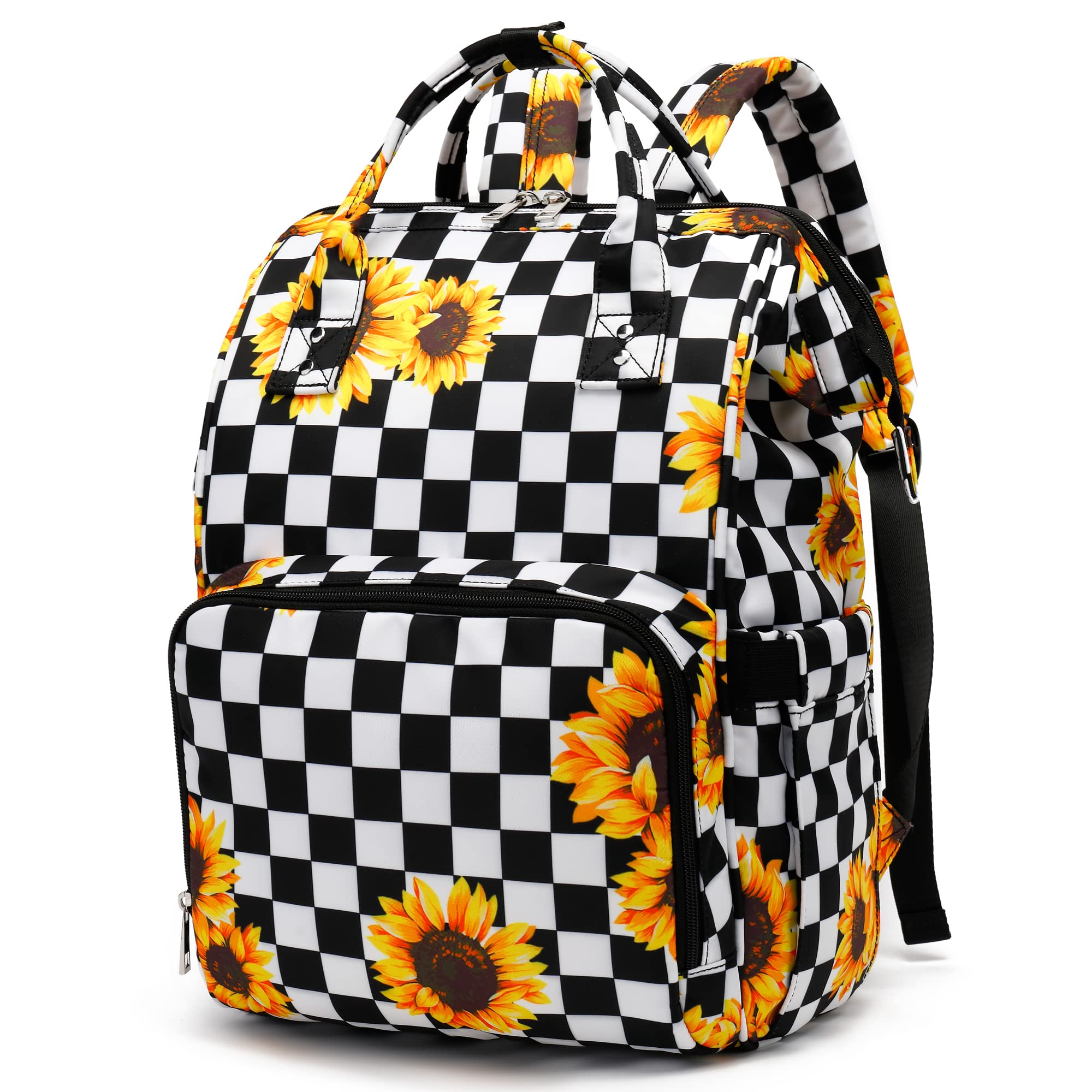 Stylish 15.6 Inch Laptop Backpack for Women - Waterproof College School Bookbag with USB Charging Port, Perfect for Work, Travel & Business (Checkered Sunflower Design) | Ideal for Commuting, Campus Life & Business Trips