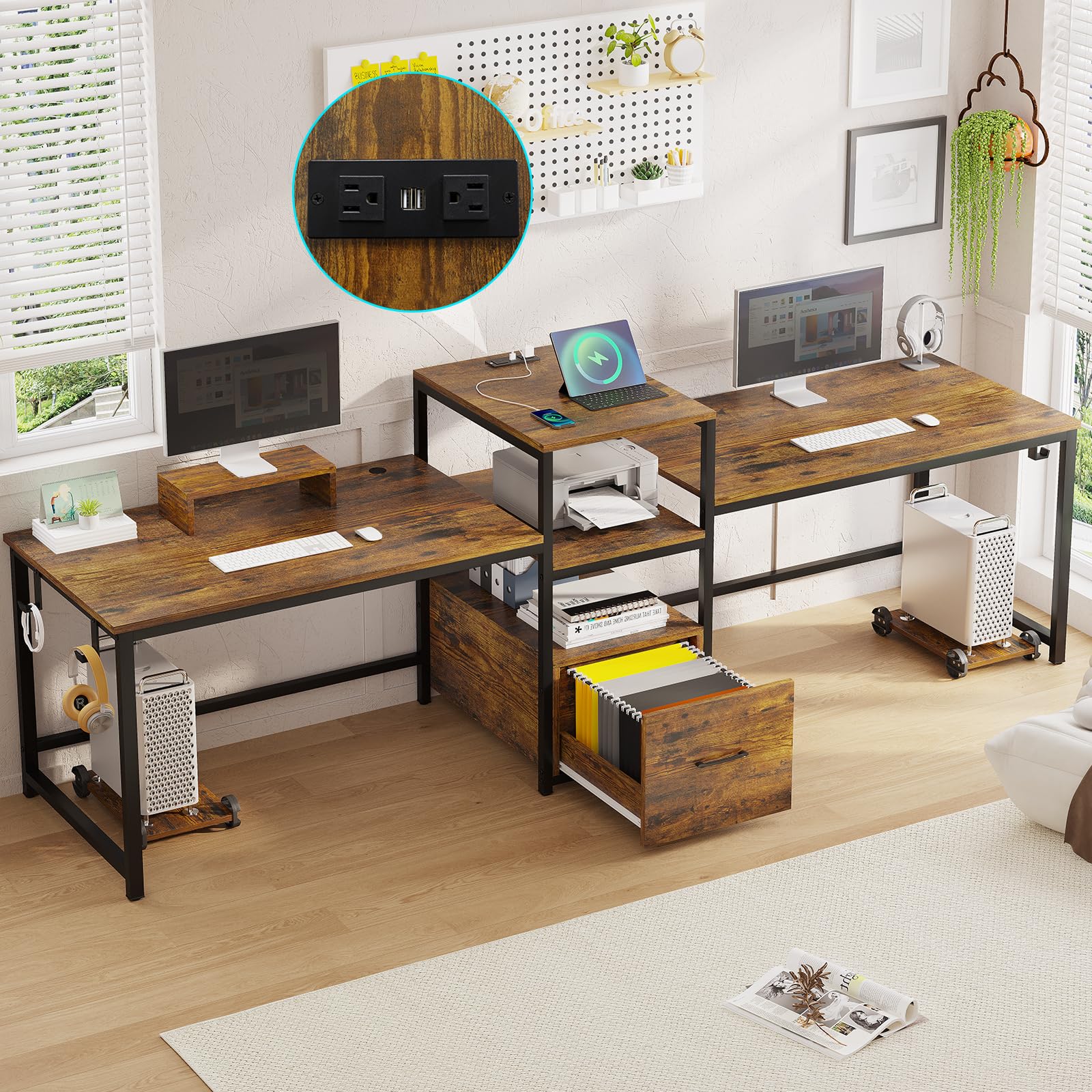 SEDETA 98 Inch Large Home Office Desk for 2 People - Rustic Brown Computer Desk with Storage Drawer, USB Power Strip, Printer Shelf & Monitor Stand - Perfect for Shared Workspace, Gaming Setup or Study Room