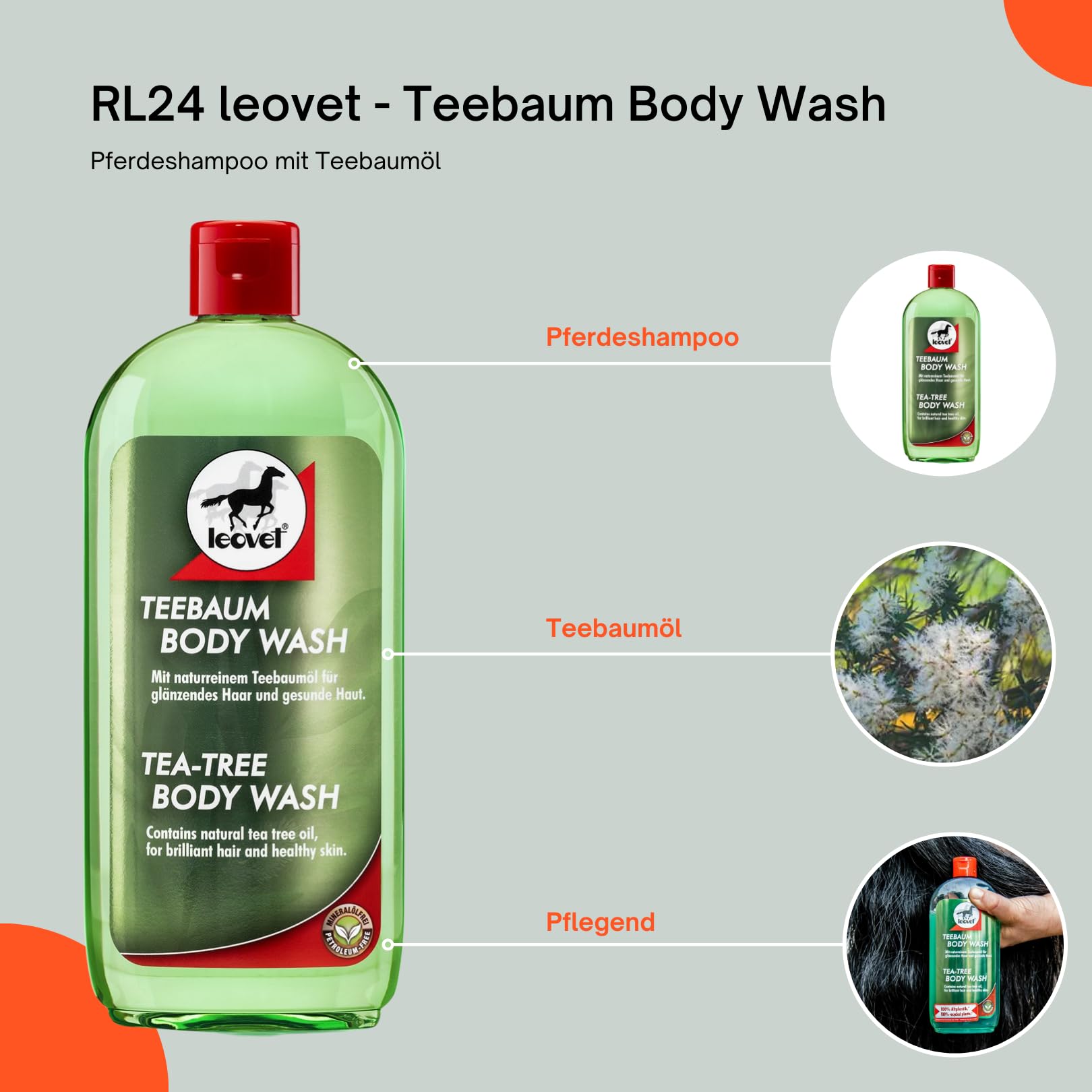 RL24 Leovet Tea Tree Body Wash for Horses - Soothes Itching & Skin Irritation - Natural Horse Shampoo with Tea Tree Oil - Nourishes Skin & Coat - 2 x 500ml Bottles (2-Pack) - Ideal for Grooming, Show Prep & Daily Horse Care