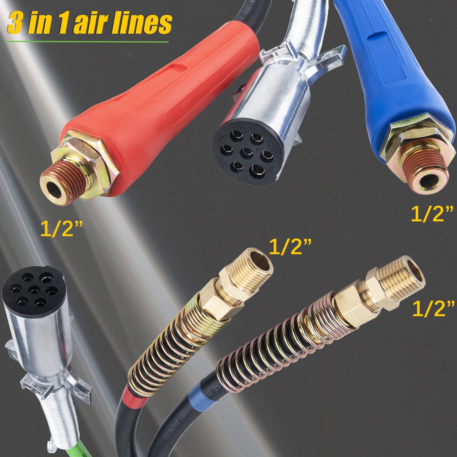 **Semi Truck Air Line Kit - 12Ft ABS & Power Air Hose with 7-Way Electrical Cable - 3 in 1 Heavy Duty Air Lines for Tractor Trailer - Ideal for Long Haul & Heavy Duty Towing**