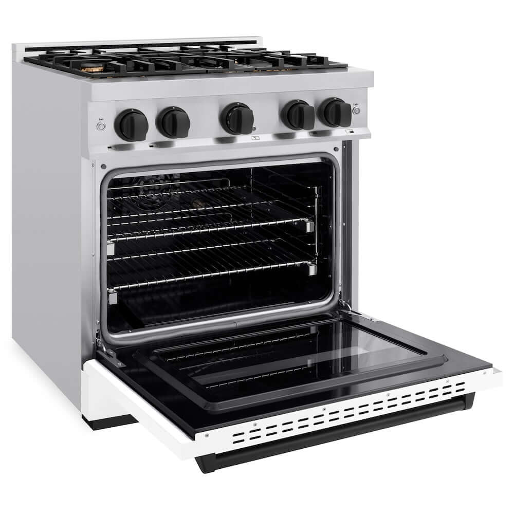 ZLINE Autograph Edition 30 Inch 4.2 cu. ft Stainless Steel Gas Range - 4 Burner Cooktop & Convection Oven with White Matte Door & Black Accents (CGRZ WM 30 MB) | Professional Kitchen Appliance for Home Chefs & Cooking Enthusiasts