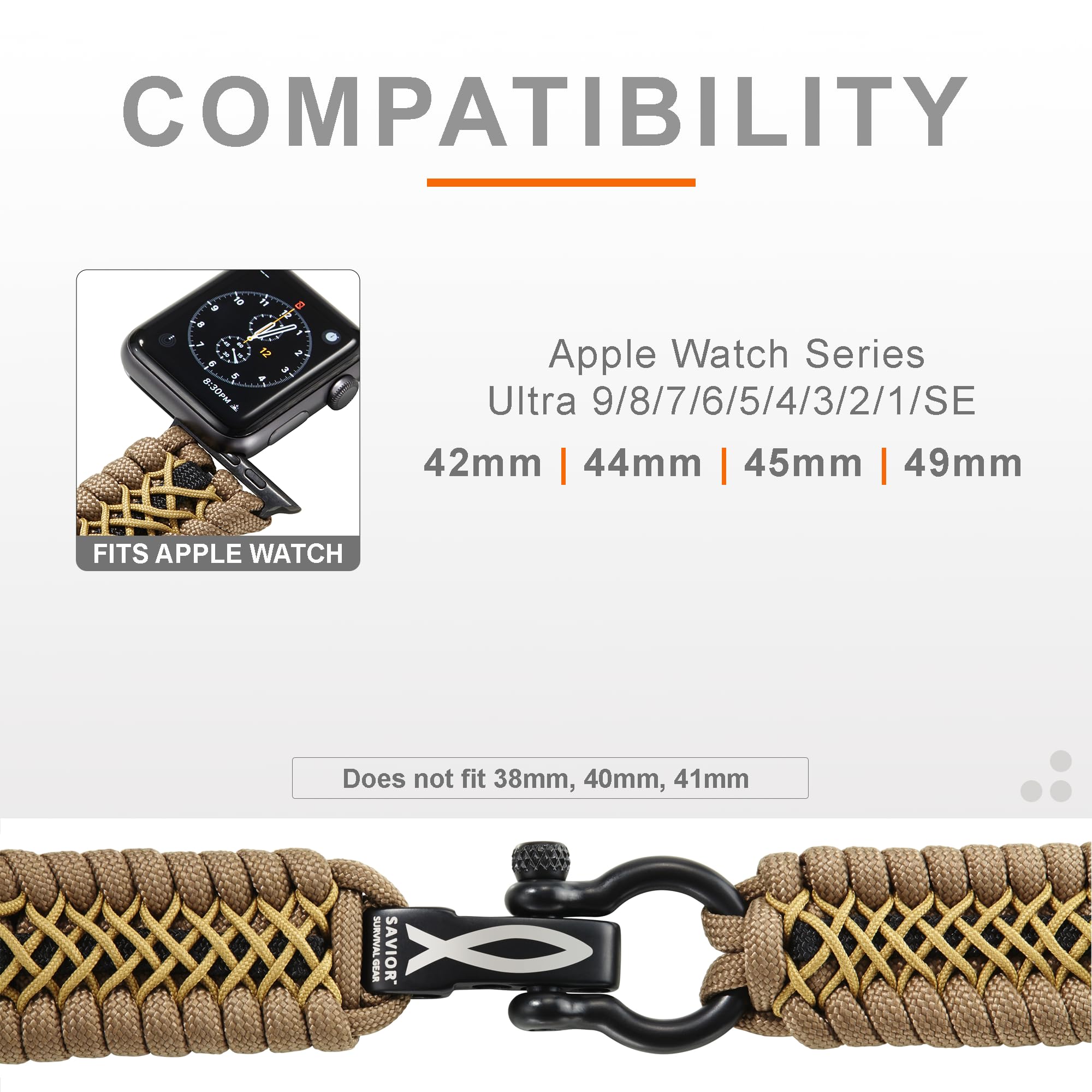 550 Paracord Survival Watch Band for Apple Watch Series 42mm 44mm 45mm 49mm - Adjustable Military-Grade Nylon Strap with Stainless Steel Shackle (Brown/Khaki/Black) - Perfect for Outdoor Adventures, Hiking, Camping & Emergency Preparedness