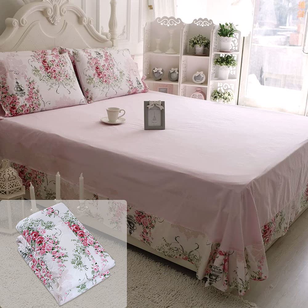 FADFAY Pink Comforter Set - 100% Cotton Shabby Floral Summer Quilt with Deep Pocket Sheets | 7-Piece Queen Size Bedding Set for Girls Room, Guest Bedroom & Dorm Decor | Soft Breathable Bed Cover for All Seasons