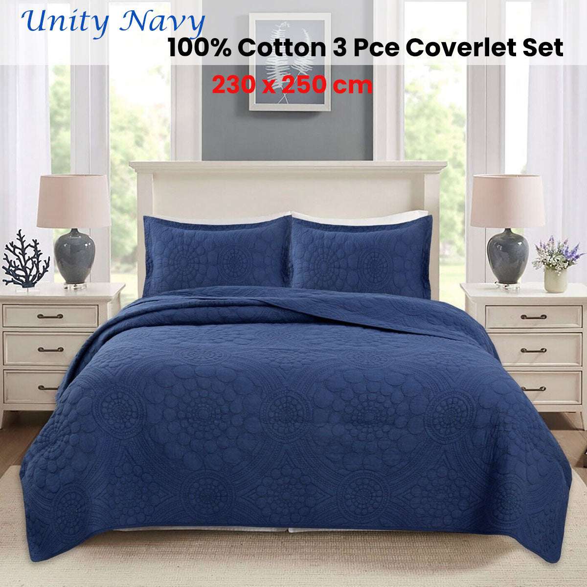100% Cotton Lightly Quilted Coverlet Set - Unity Navy Queen Size Bedspread | Soft & Breathable All-Season Bedding for Master Bedroom, Guest Room & Dorm Decor