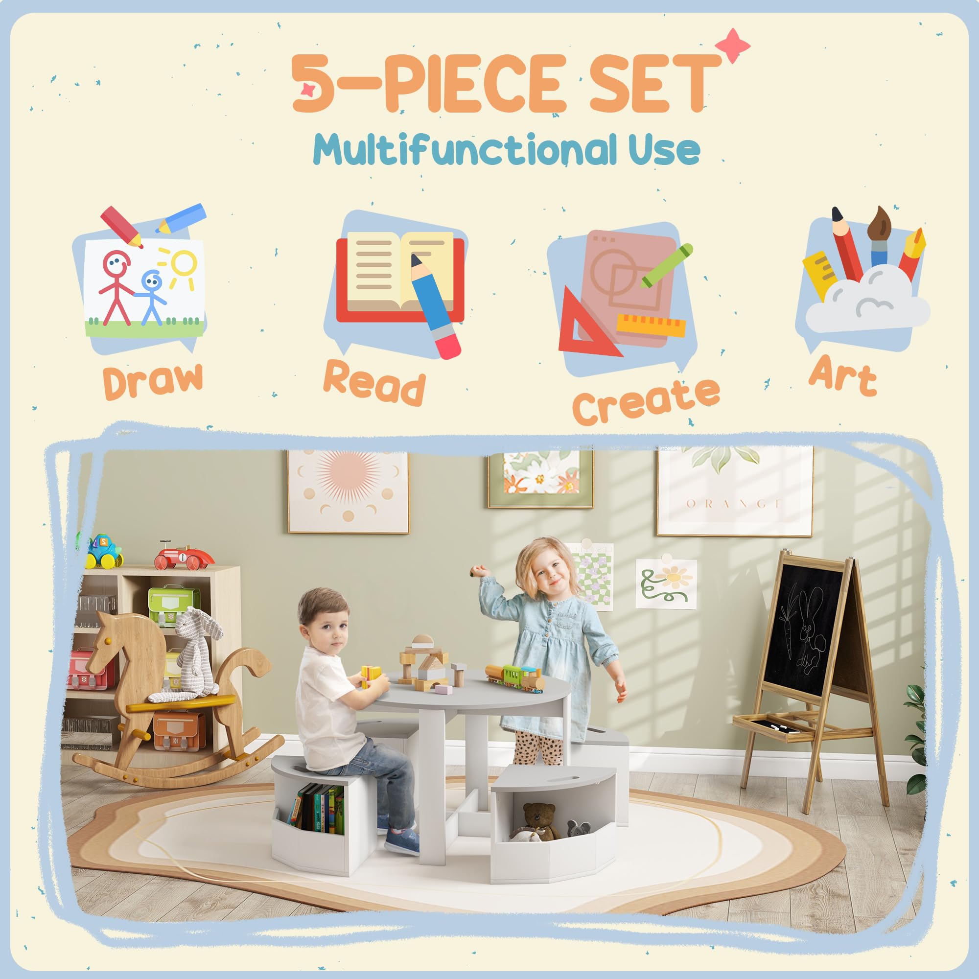 Qaba 5-Piece Kids Table and Chair Set with Storage - Toddler Activity Table for Art, Crafts, Reading - Perfect for Classroom, Playroom, Daycare & Home (Grey) - Encourage Creativity & Learning in Children