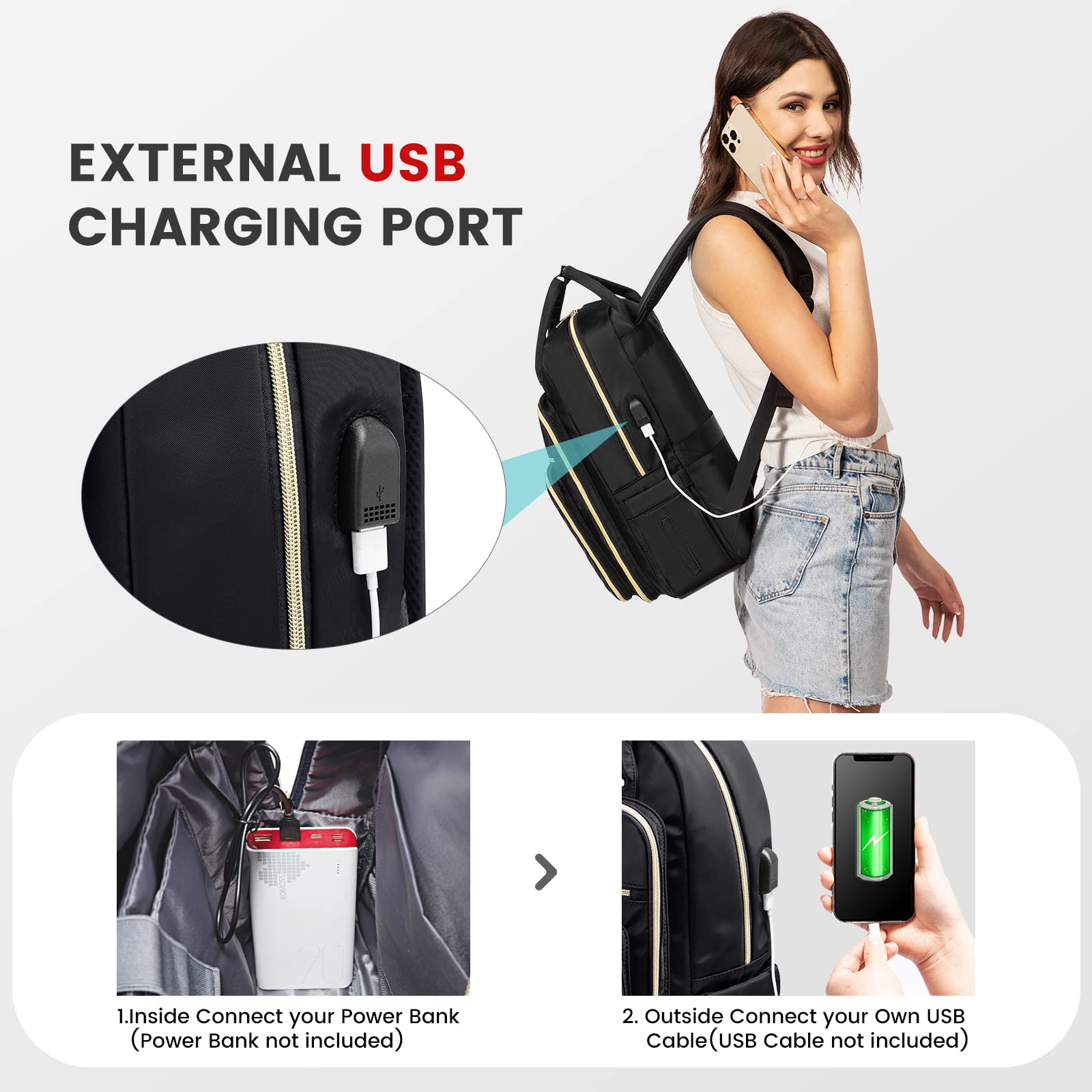 LOVEVOOK Women's 15.6 Inch Laptop Backpack with USB Charging Port - Waterproof Teacher & Work Backpack for Travel, Office & School - Stylish Black Daypack for Professionals & Students