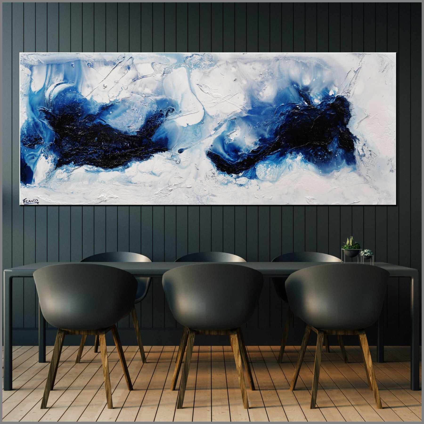 Prussian Blue Abstract Painting 200cm x 80cm - Blue & White Textured Canvas Art for Modern Living Room & Office Wall Decor