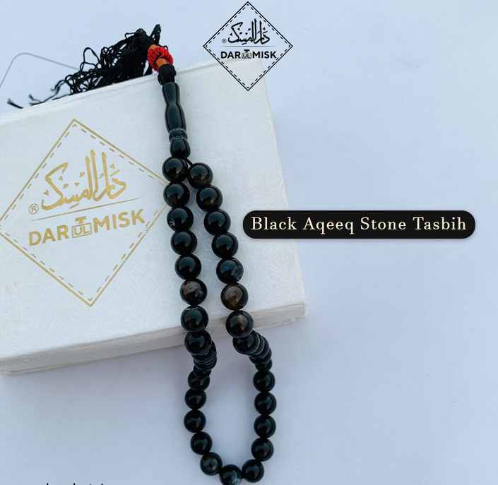 Black Aqeeq Stone Tasbih Prayer Beads - Medium Size 33 Count Islamic Rosary for Meditation, Zikr & Spiritual Healing | Perfect for Daily Worship, Stress Relief & Gift Giving