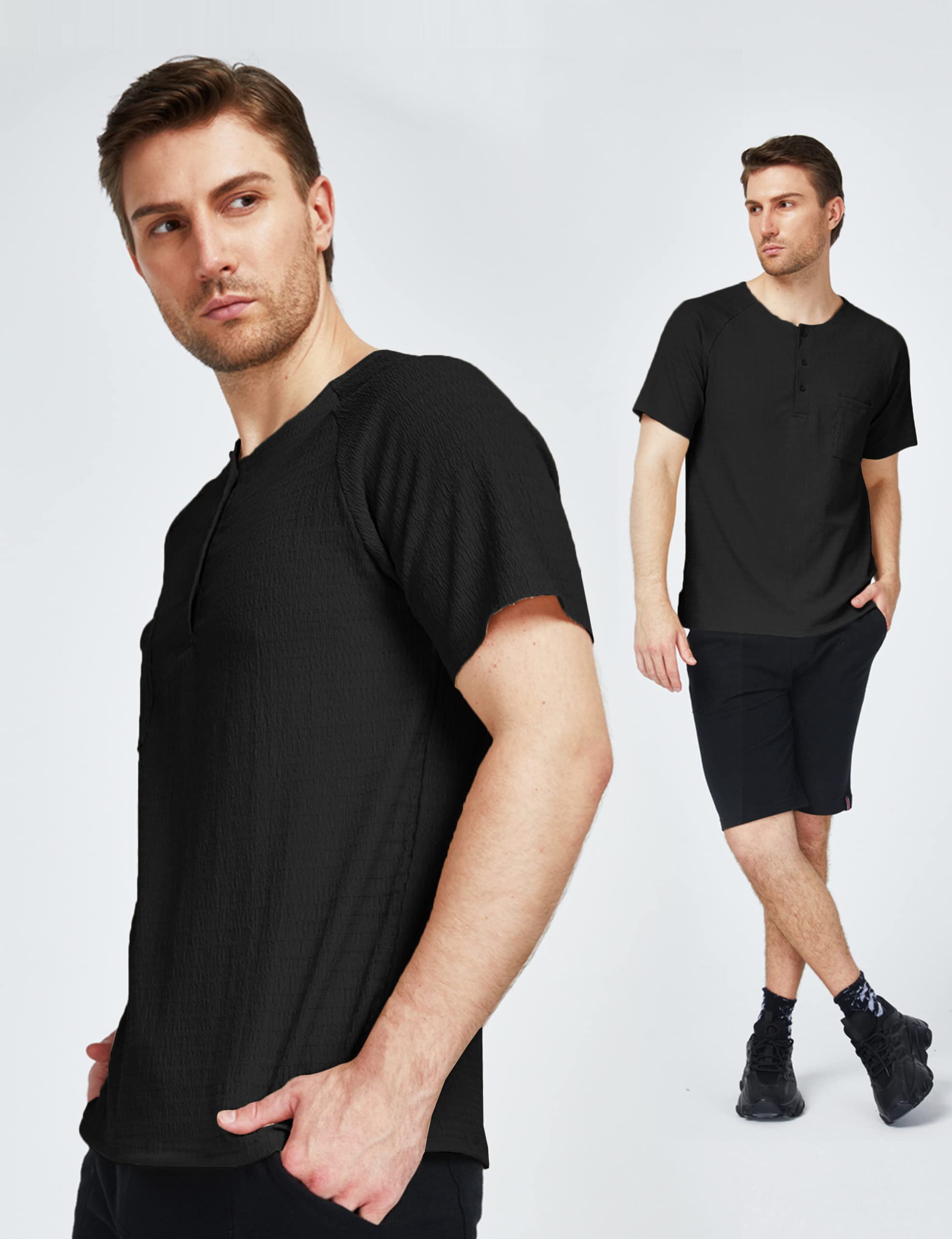 SSLR Men's Henley Shirts | Summer Crewneck Waffle Knit Short Sleeve T-Shirts for Casual Wear & Outdoor Activities