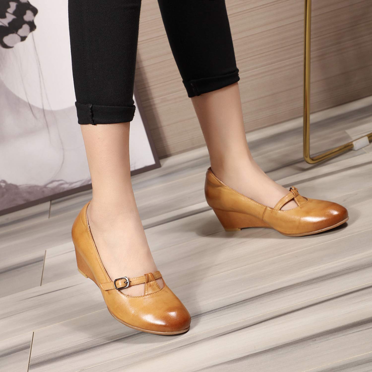 Women's Leather Mary Jane Wedge Pumps - Closed Toe Round Toe Mid Heel Dress Shoes for Ladies | Comfortable & Stylish for Work, Office, Wedding & Special Occasions