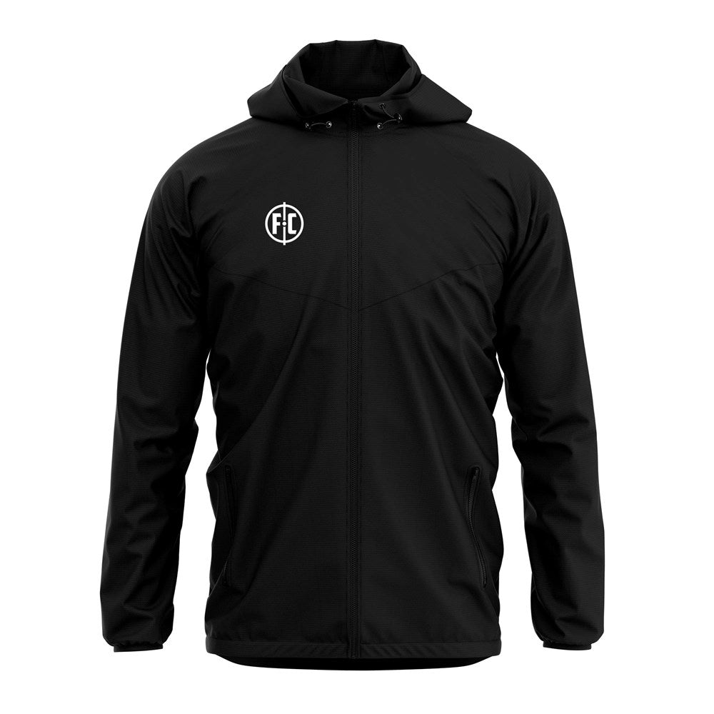 FC Shower Jacket for Men & Women - Waterproof Raincoat with Hood - Lightweight Windbreaker for Outdoor Activities, Running, Hiking & Travel - Black