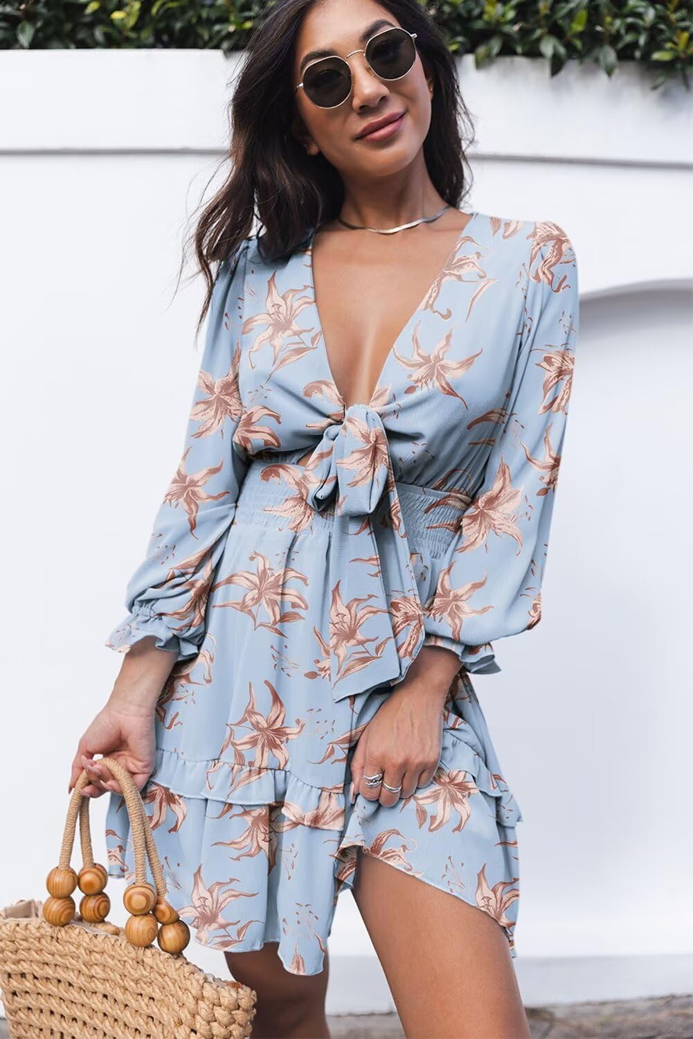 Dokotoo Women's Elegant Deep V Neck Knotted Tiered Chiffon Mini Skater Dress for Spring Summer 2025 - Perfect for Casual Outings, Date Nights & Beach Vacations