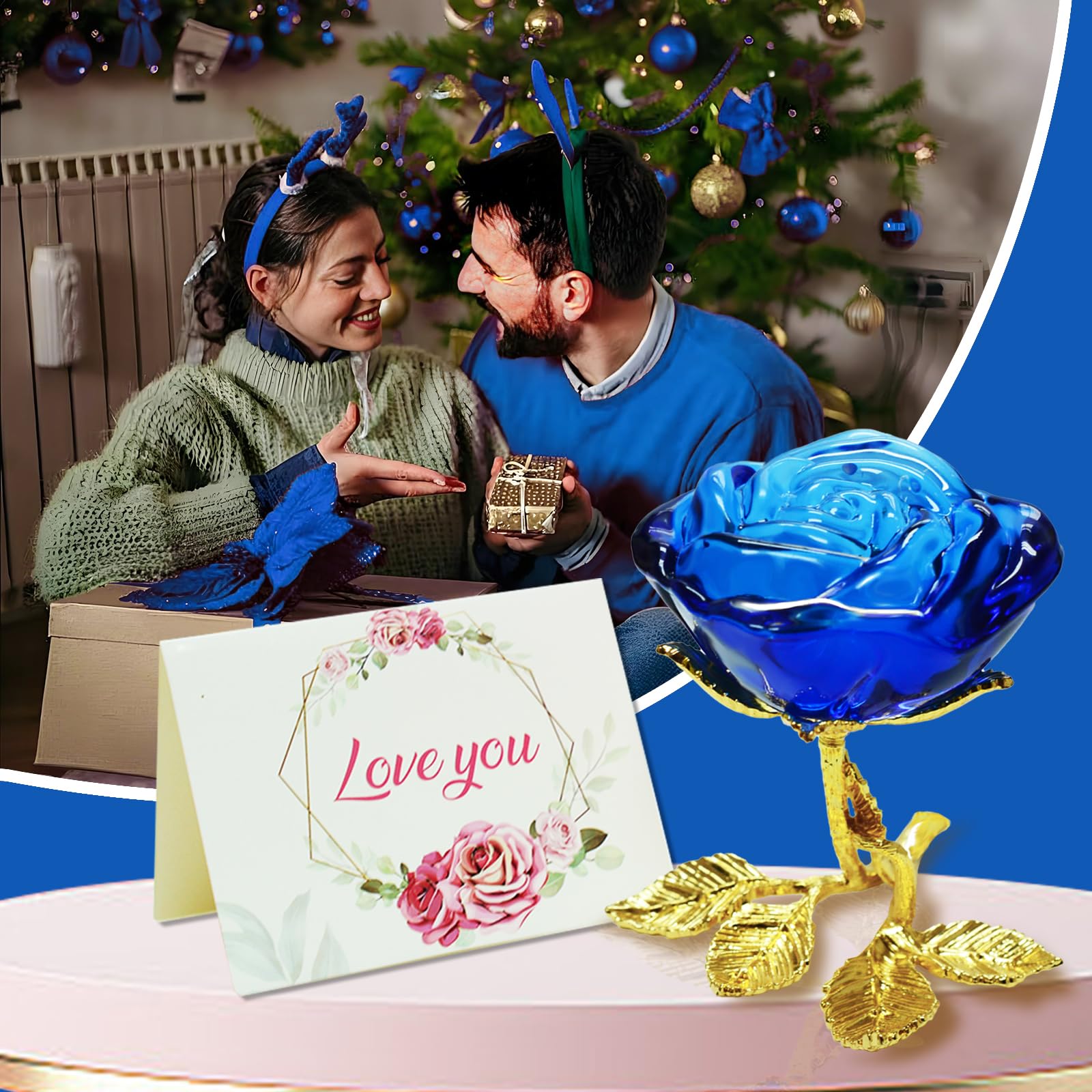 Blue Crystal Rose Gift for Women - Elegant Glass Rose with Golden Leaves, Unique Present for Girlfriend, Wife, Mom | Perfect for Valentine's Day, Mother's Day, Christmas, Birthday, Anniversary | Home Decor, Wedding Centerpiece, Romantic Gift Idea
