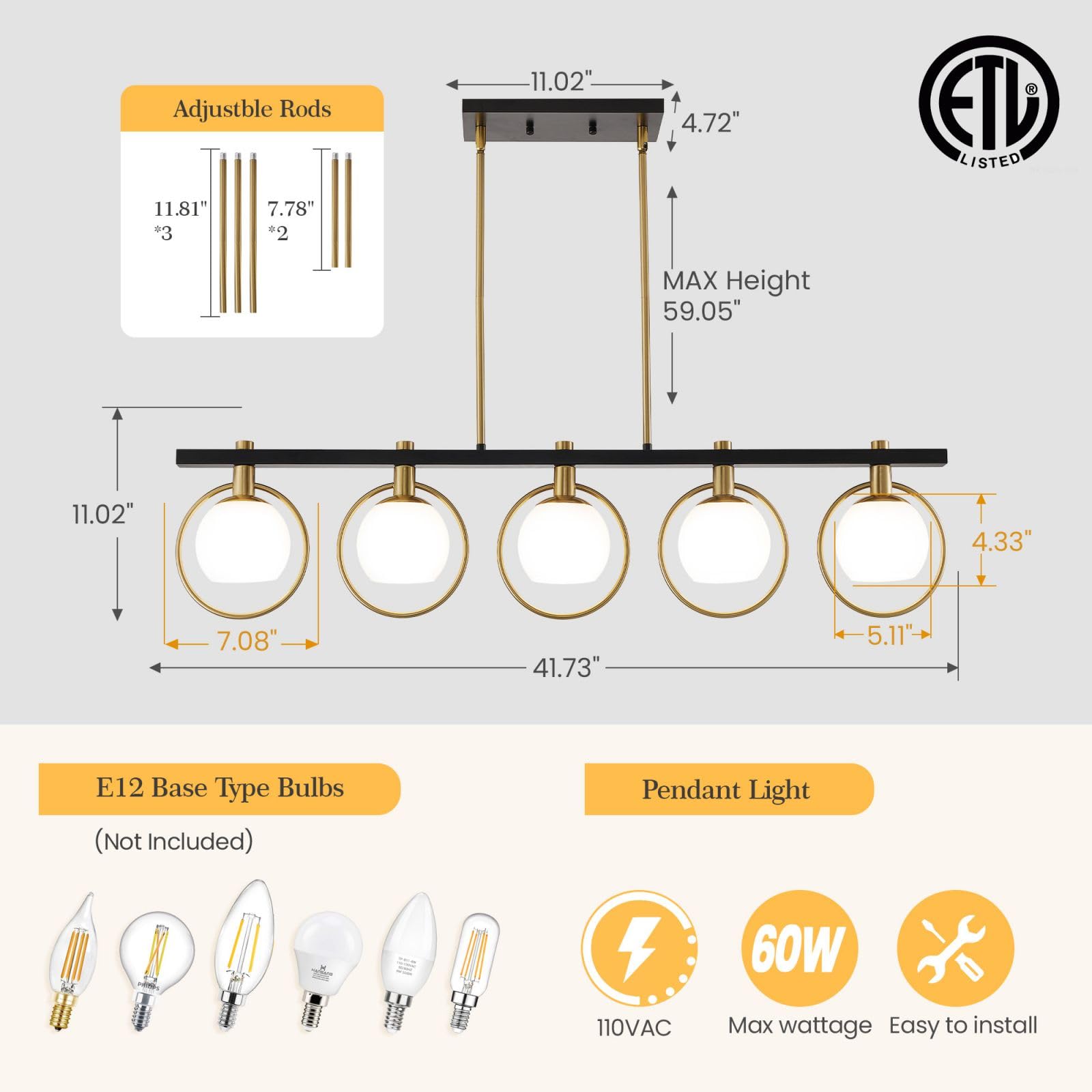 5-Light Black and Gold Farmhouse Linear Chandelier - Modern Kitchen Island Pendant Light with Glass Shade for Dining Room & Table Lighting | Perfect for Rustic Home Decor and Open Concept Spaces