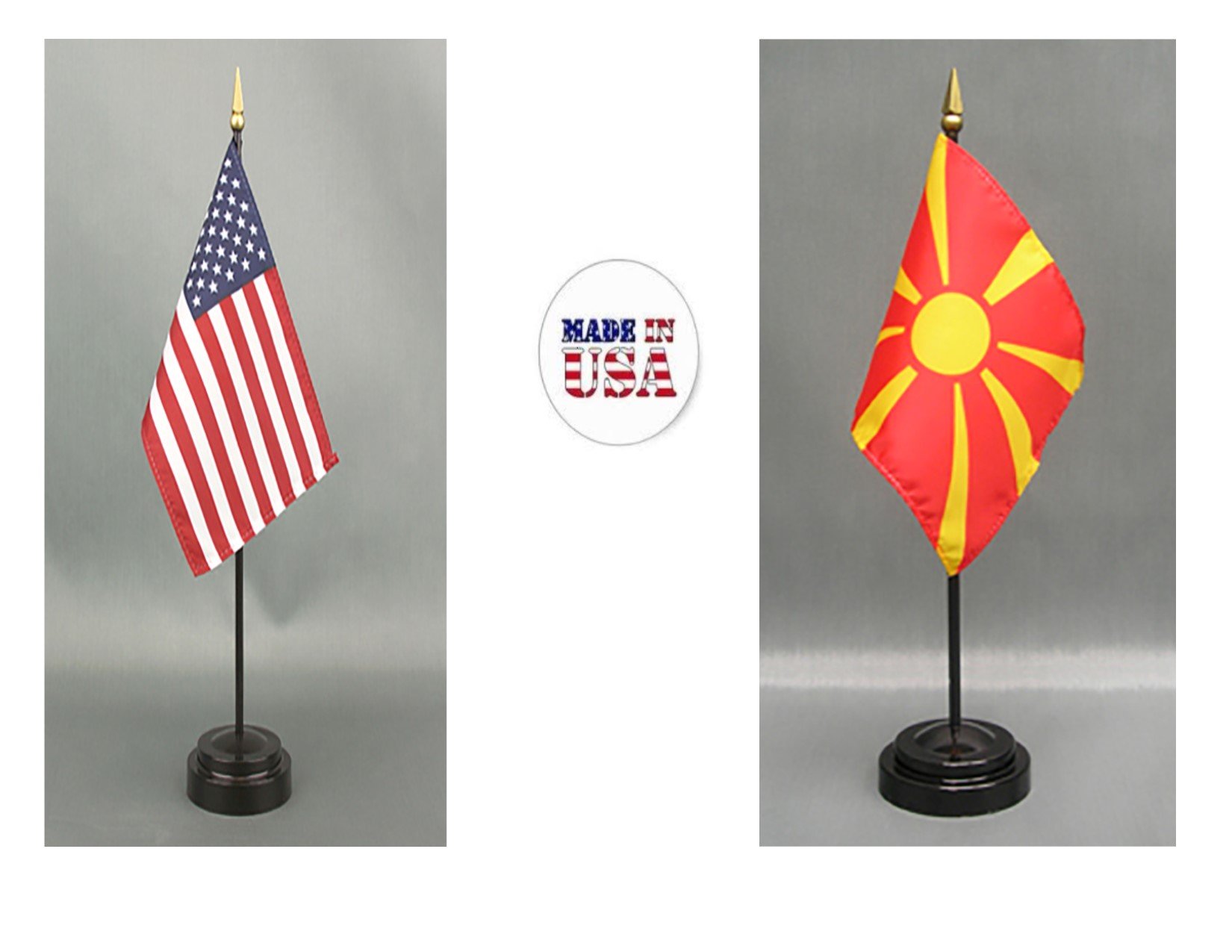 American Made Macedonia Desk Flag Set - 4x6 inch Rayon Office Desk & Hand Waving Table Flags with 2 Stands (USA & Macedonia Flags) - Perfect for Office Decor, International Events & Patriotic Displays