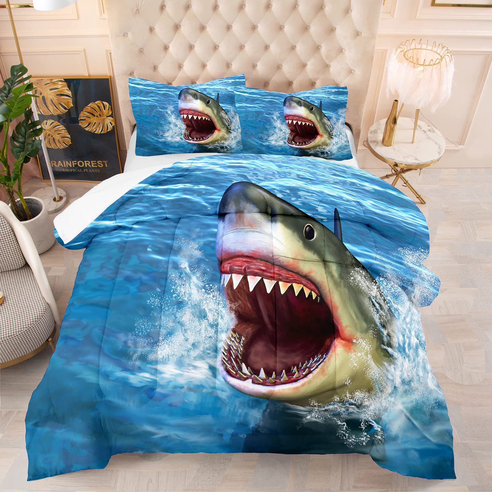 Big Shark Comforter Set for Boys & Teens - Full Size Shark Bedding with 1 Comforter & 2 Pillowcases - Blue Ocean Theme Shark Mouth Design - Perfect for Kids Bedroom, Dorm Room & Shark Lovers