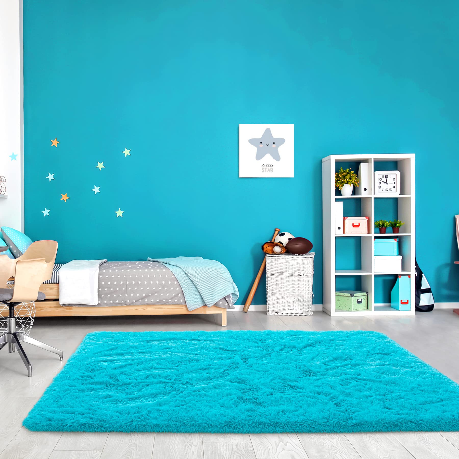 Noahas Fluffy Teal Blue Shag Rug 6x9 Feet - Ultra Soft Plush Area Rug for Living Room, Bedroom, Nursery - Thick Fuzzy Carpet for Kids Room, Dorm, Cozy Home Decor (Perfect for Floor Seating, Play Areas & Relaxation Spaces)