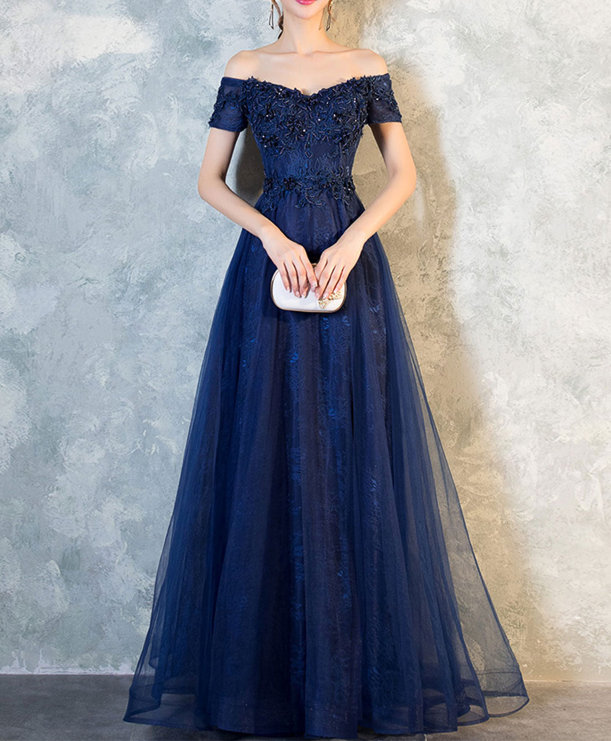 Elegant Blue Lace Off-Shoulder Long Prom Dress for Women - Formal Evening Gown for Homecoming, Wedding, Party & Special Occasions