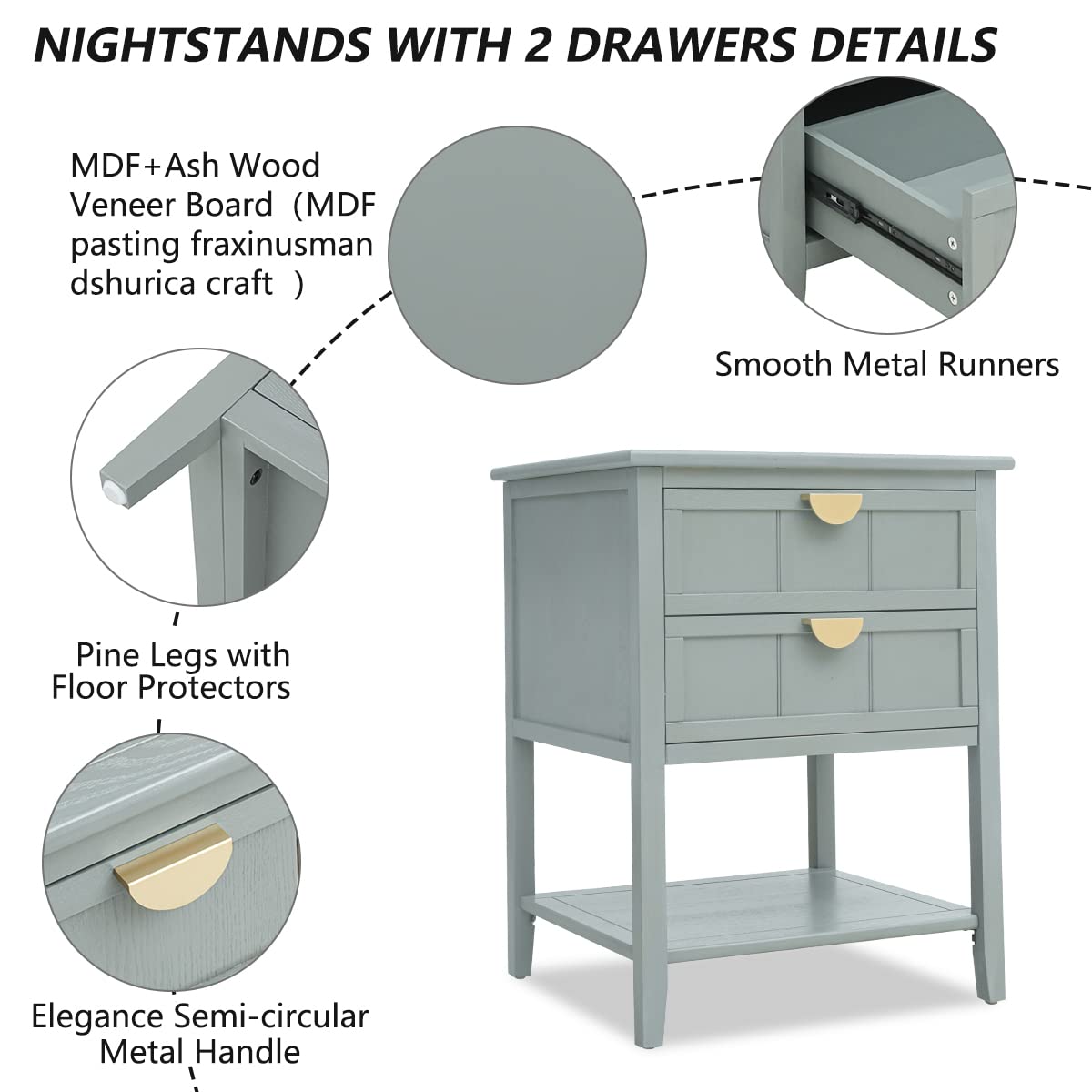 Mid Century Modern Nightstand with 2 Drawers & Shelf Storage - Wood Accent End Table with Metal Handles for Bedroom & Living Room - Olive Green - Perfect for Small Spaces & Apartment Decor