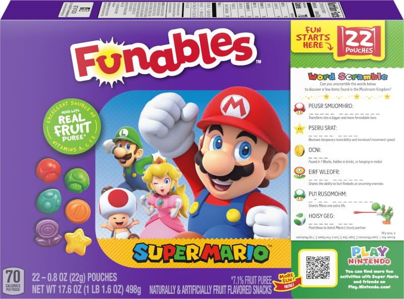 Funables Super Mario Assorted Fruit Flavored Snacks - 0.8oz Packs (22 Count) | Kids Lunch Box Snacks, Birthday Party Favors & On-the-Go Healthy Treats