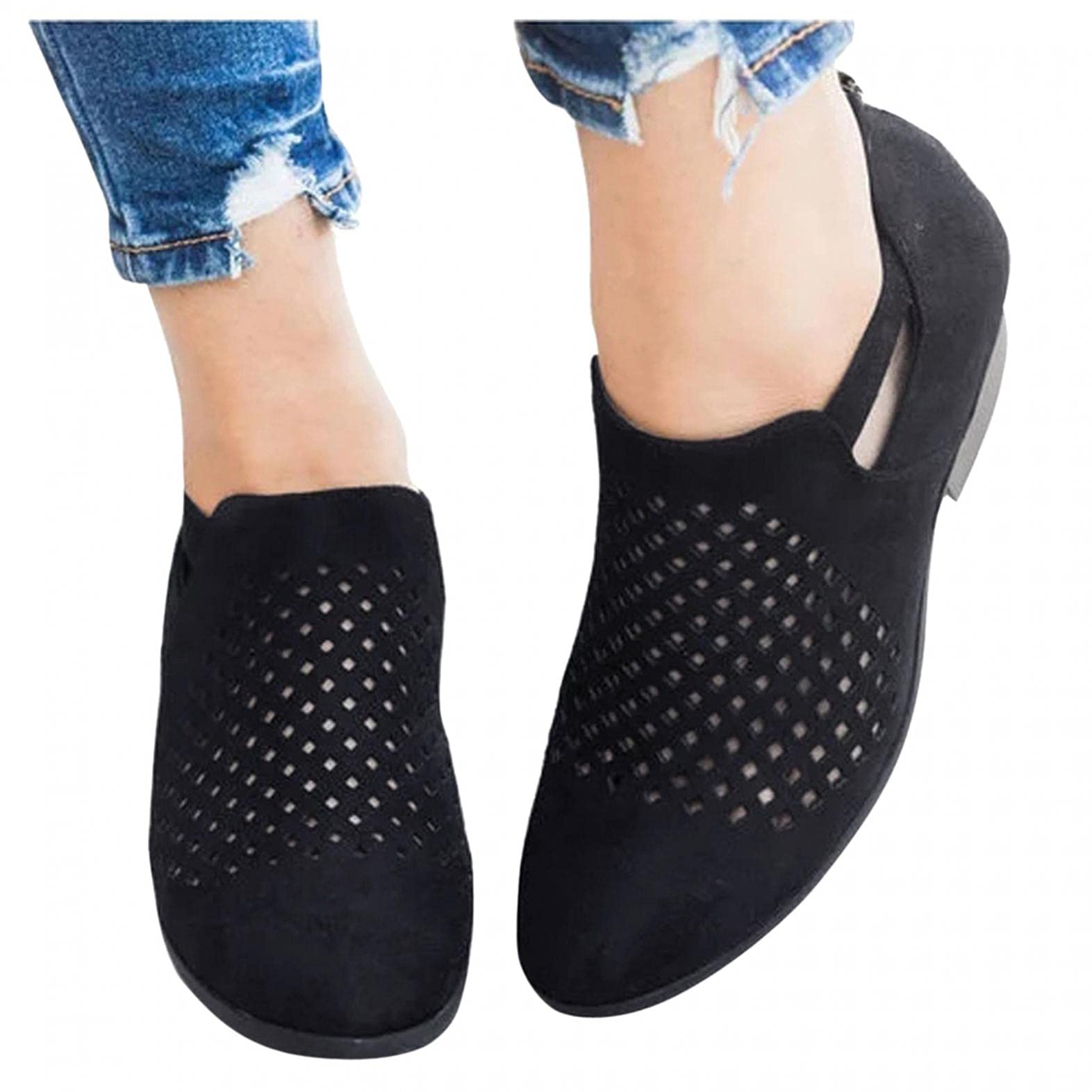 Aniywn Women's Low Heel Booties - Cutout Chunky Block Heel Ankle Boots | Casual Perforated Flat Booties for Everyday Wear, Office & Date Night