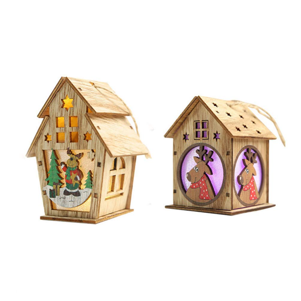 Cabilock Christmas Tree LED Wood House - Mini Light Up Wooden House Xmas Decor for Home, Office, Table - Winter Holiday Indoor Desktop Ornament with 2 Elk Figures - Perfect for Holiday Parties, Gift Exchanges & Festive Home Decor