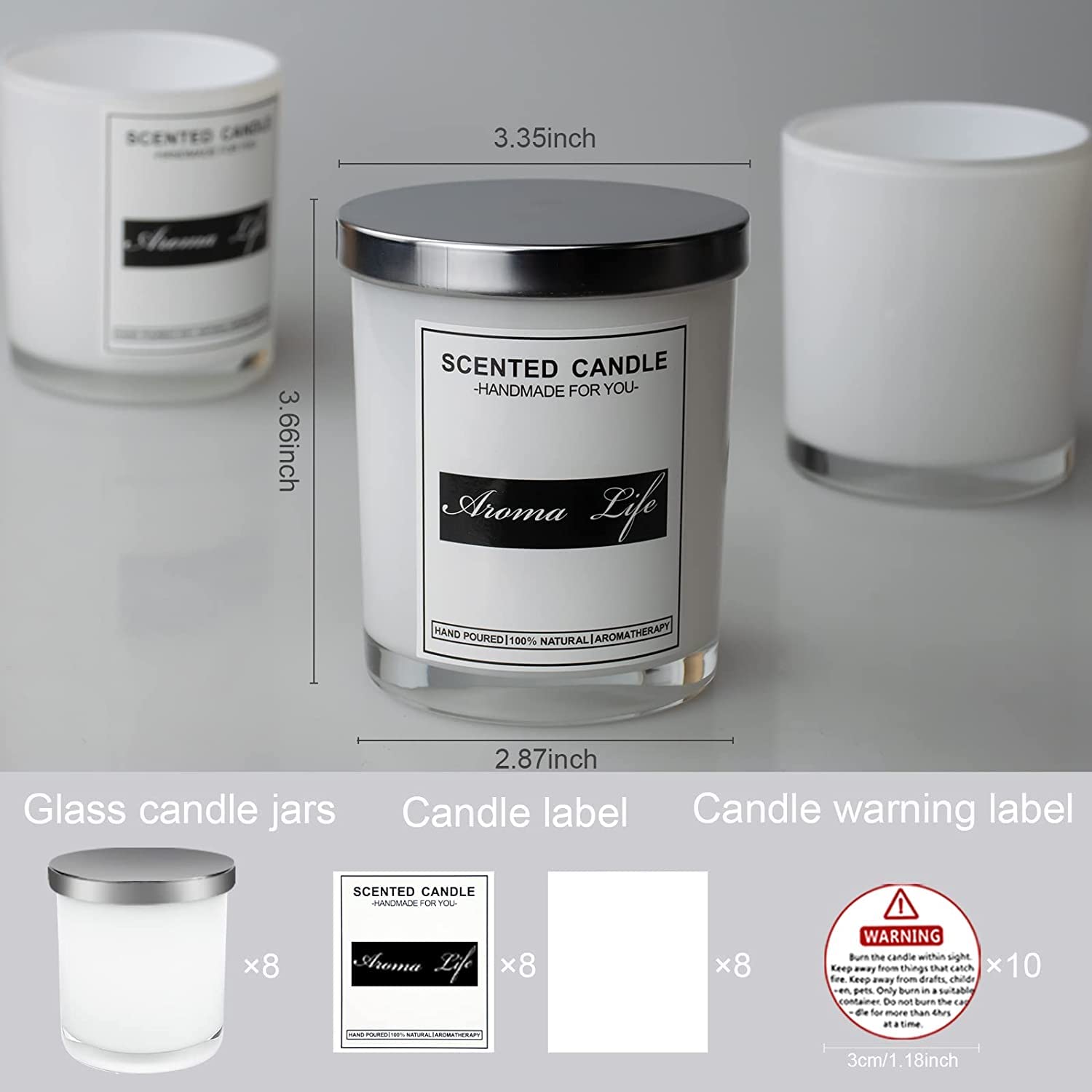 Creahaus 10oz Thick Glass Candle Jars with Metal Lids - 16 Pack Bulk Empty Candle Containers for DIY Candle Making, Includes White Inner Jars, Sticky Labels & Warming Labels Kit - Heat Resistant for Home Decor, Wedding Favors & Aromatherapy