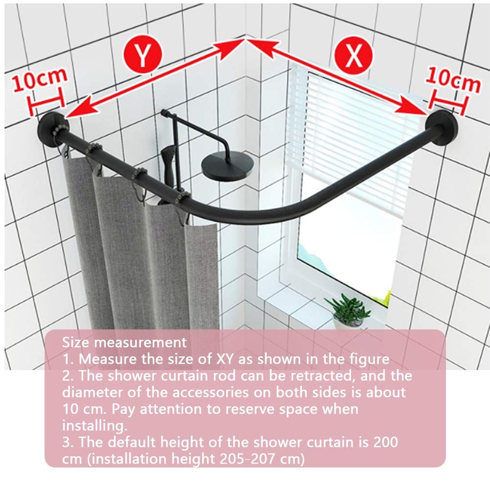 Adjustable Curved Shower Rod - No Drill Stainless Steel L-Shaped Extendable Bathroom Shower Rail (70-95x90-130cm) with Shower Curtain - Perfect for Small Bathrooms, Closets & Fitting Rooms