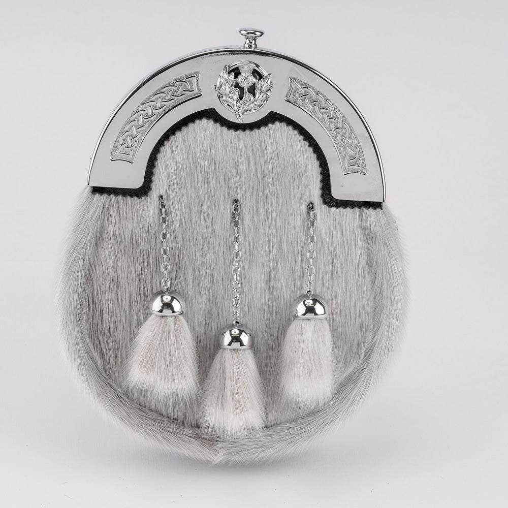 Plain Thistle Chrome Dress Sporran - Genuine Seal Skin Leather Pouch for Scottish Highland Wear | Perfect for Weddings, Ceilidhs & Formal Events