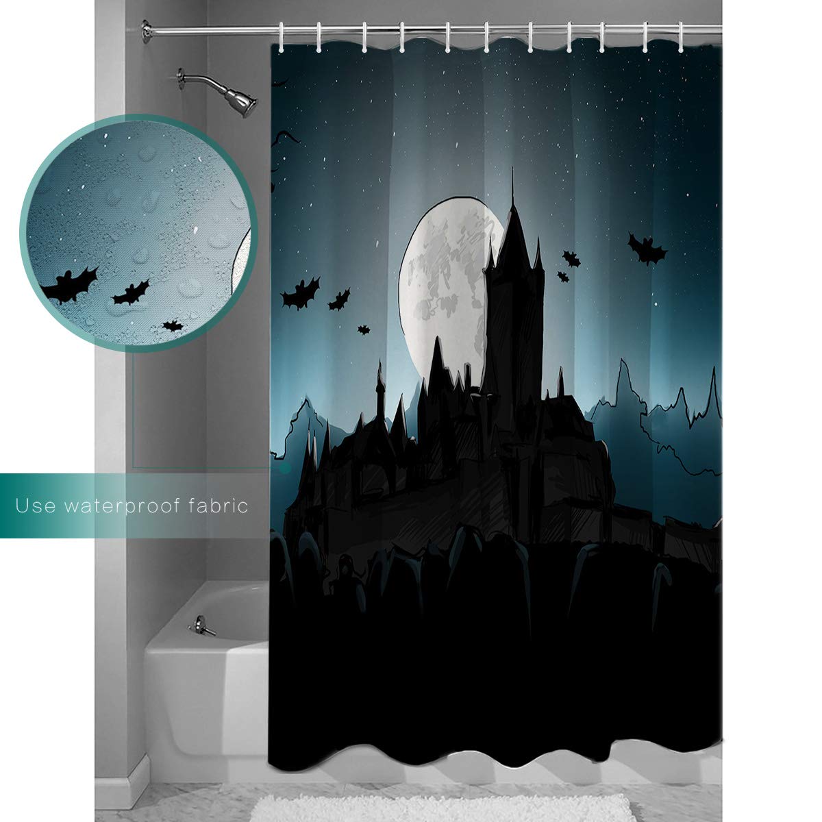 Waterproof Halloween Shower Curtain - Horror Castle Moon Night Design for Bathroom & Bathtub - 72x78 Inch Shower Curtain Set with Hooks - Perfect for Spooky Home Decor & Halloween Party Decorations