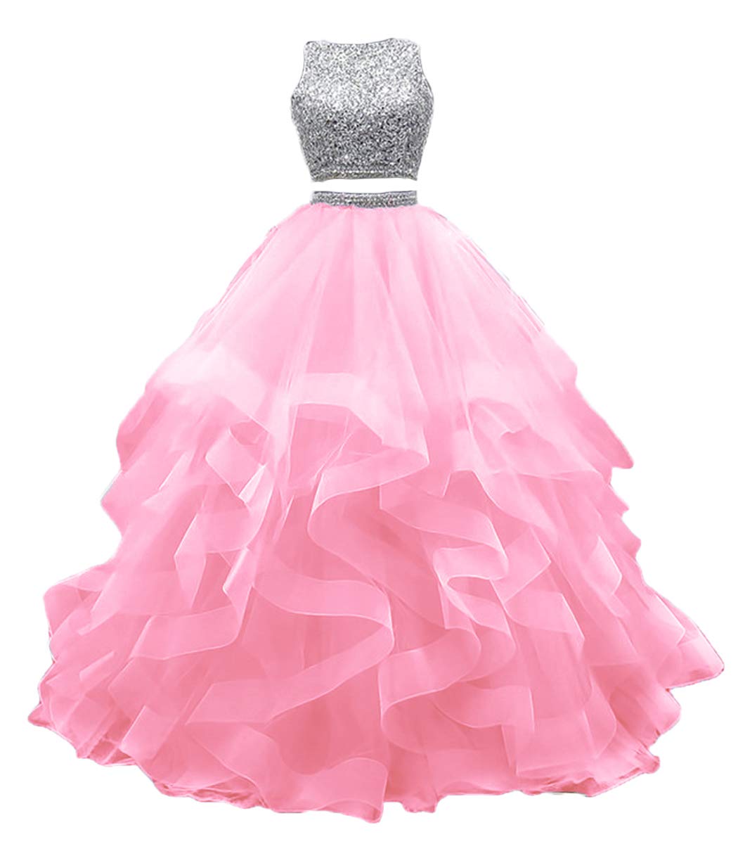KaBuNi 2 Piece Prom Dress Long Beaded Quinceanera Dress - Elegant Layered Ruffle Tulle Sweet 16 Ball Gown for Homecoming, Wedding, Pageant & Formal Events