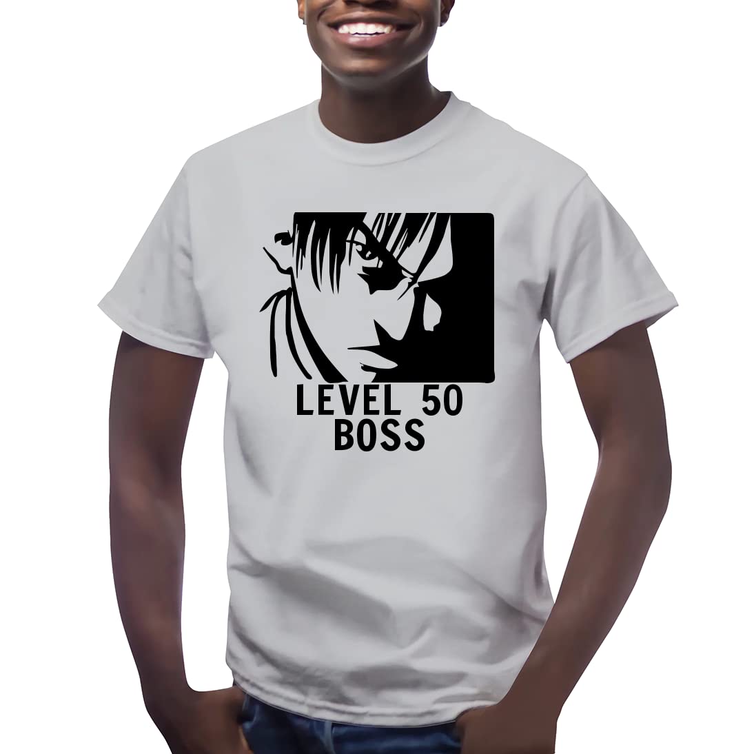 Level 50 Boss Anime Graphic Men's Short Sleeve Cotton T-Shirt - Casual Gaming & Anime Lovers Tee for Everyday Wear