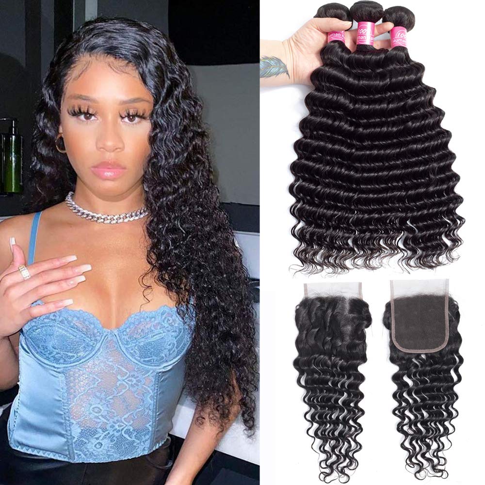 10A Brazilian Deep Wave Human Hair Bundles with 4x4 Lace Closure (16 18 20+14 Inches) - 100% Unprocessed Virgin Hair for Natural Look | Perfect for Weaves, Extensions & Protective Styling