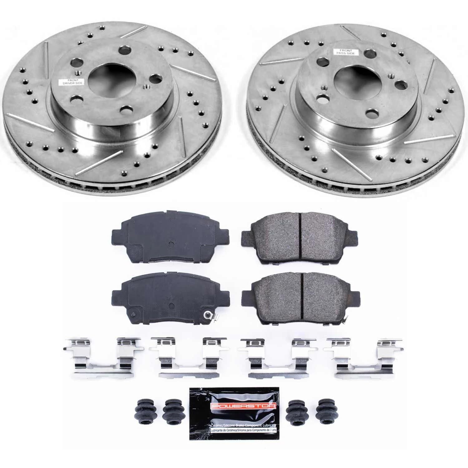 Power Stop K5219 Front Z23 Carbon Fiber Brake Pads & Drilled Slotted Rotors Kit for 2004-2009 Toyota Prius | High-Performance Braking for City Driving & Hybrid Vehicles