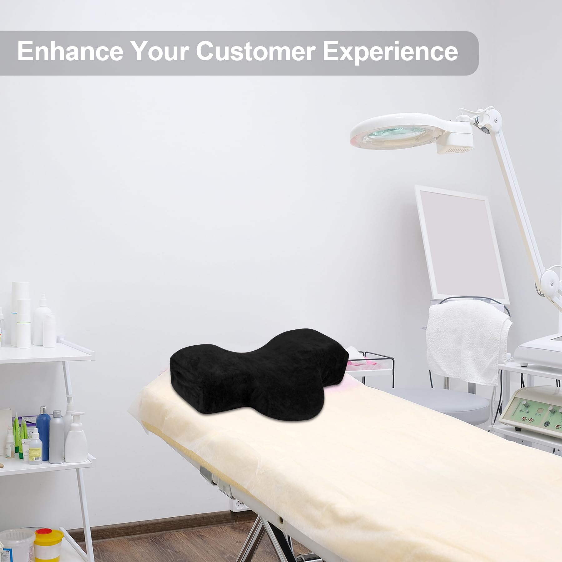 IMENE Memory Foam Lash Extension Pillow with Neck & Back Support - Ergonomic Lash Bed Pillow with Velvet Case & Organizer Pockets (Black) | Perfect for Salon Professionals & Home Lash Artists