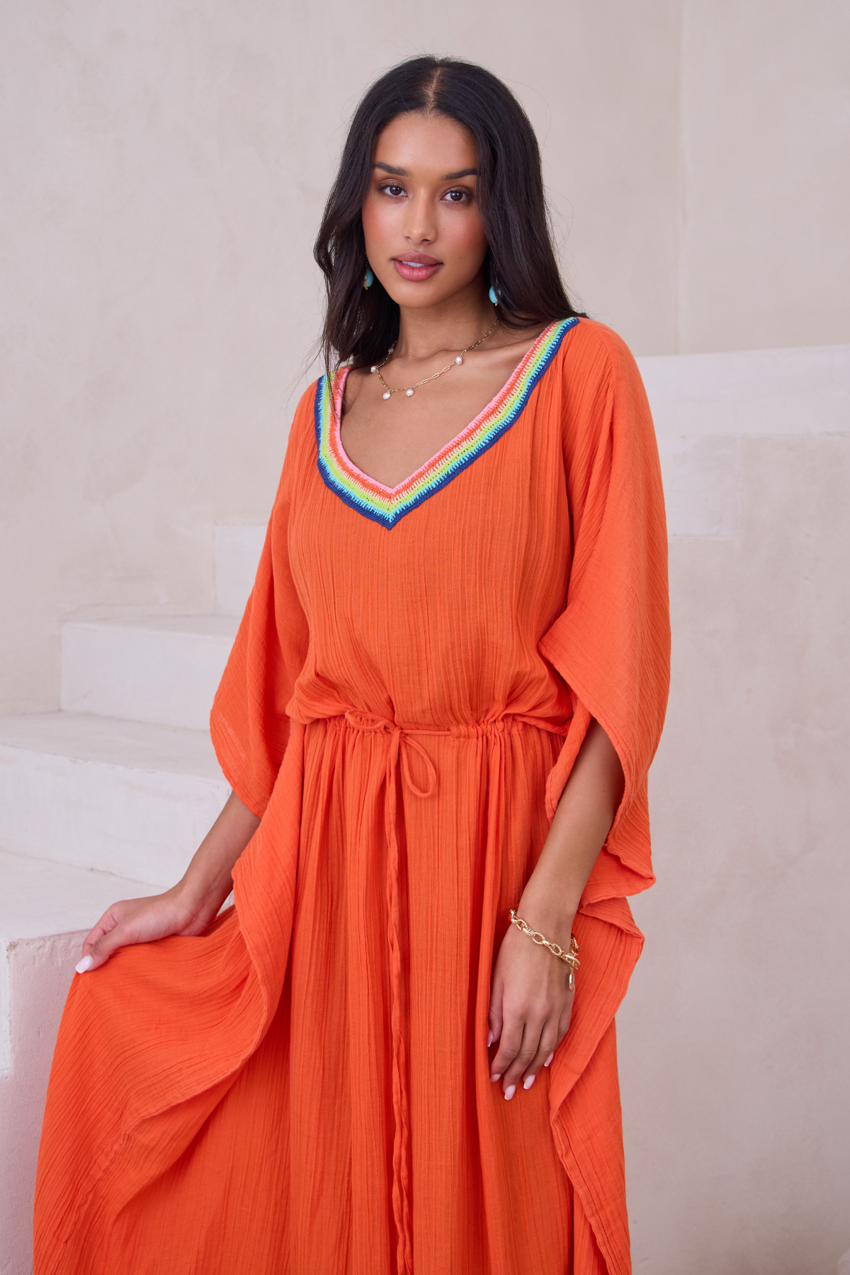 Crochet Rainbow Kaftan Maxi Dress - Boho Chic Beach Cover Up for Women - Perfect for Summer Vacations, Pool Parties & Music Festivals