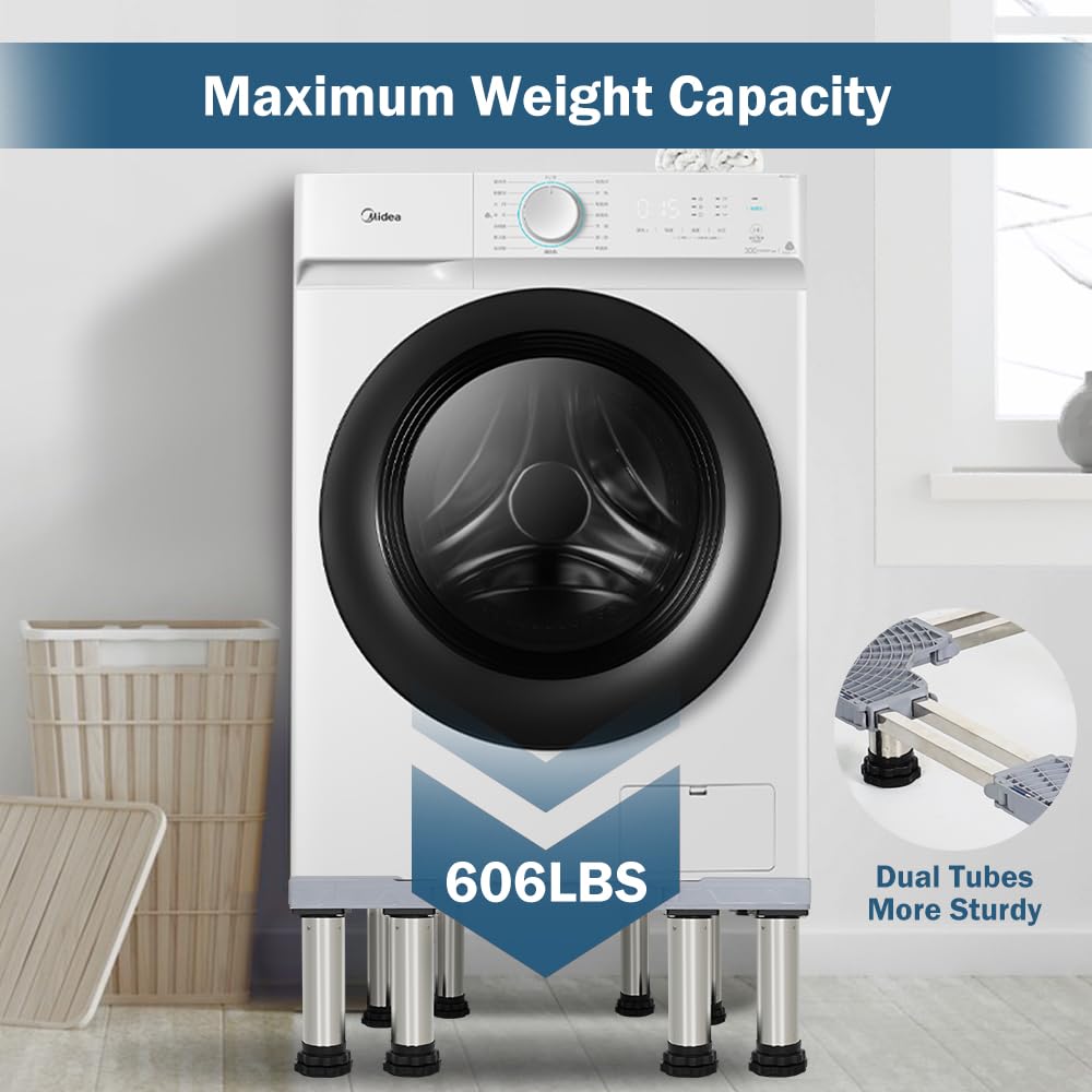 Kokorona Adjustable Washing Machine Stand & Mini Fridge Pedestal with 8 Strong Feet (9-10.2 Inch Height, Dual-Tube Design) - Heavy Duty 606LBS Capacity for Laundry Room & Kitchen Appliances - Perfect for Compact Spaces & Apartment Living