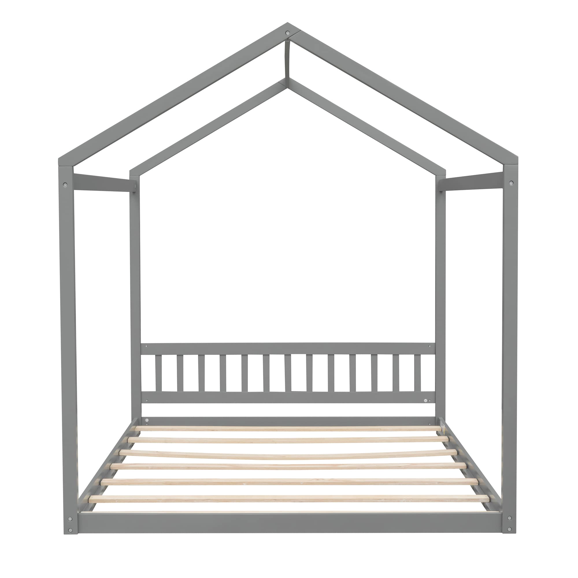 Montessori Wooden House Floor Bed Frame for Kids, Teens & Adults - Queen Size with Roof, No Box Spring Needed, Gray - Perfect for Kids' Bedrooms, Playrooms & Montessori Learning Spaces