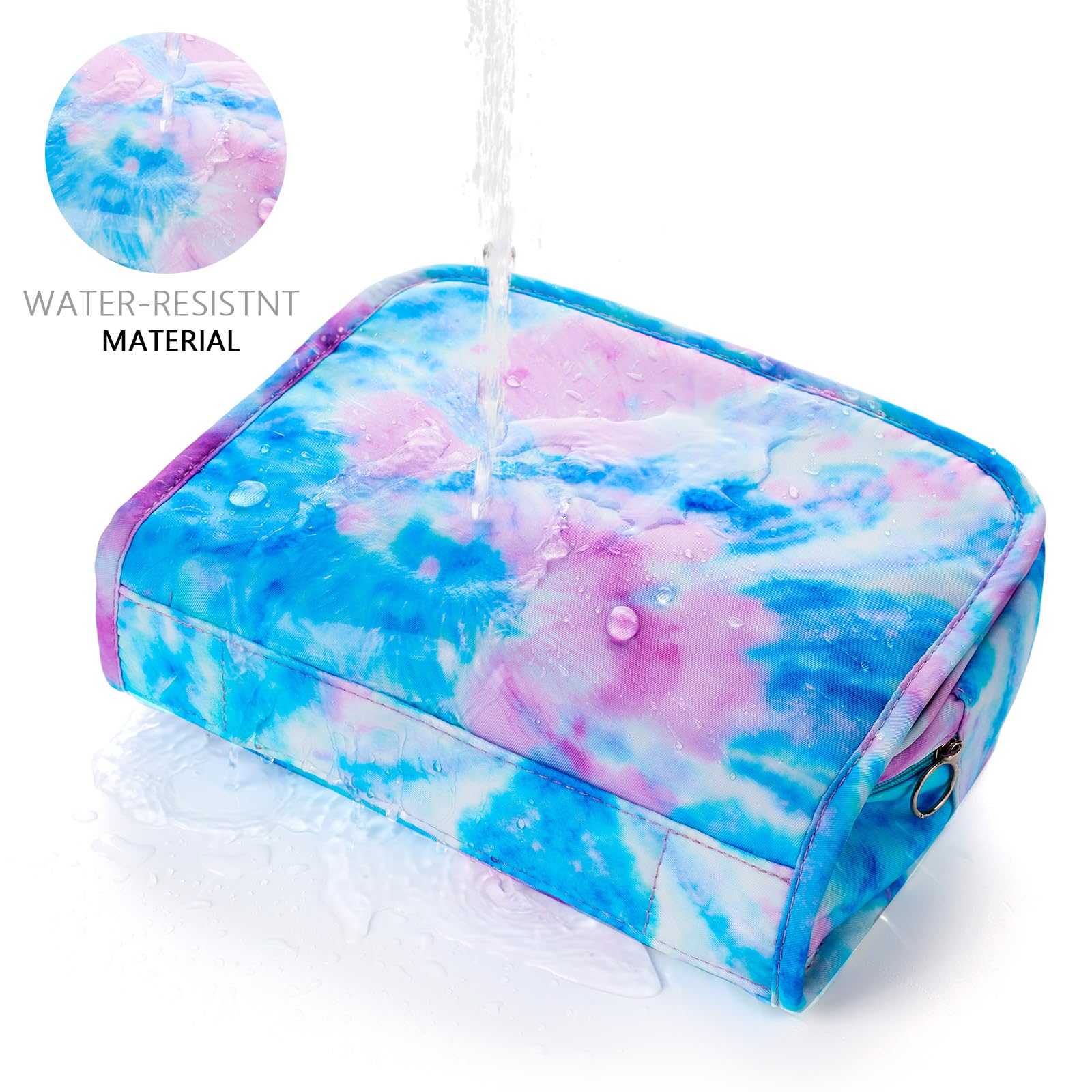 Waterproof Tie Dye Blue Kids Hanging Toiletry Bag for Girls - Travel Cosmetic & Makeup Organizer Wash Bag for Toddlers & Little Girls - Perfect for School Trips, Sleepovers & Family Vacations