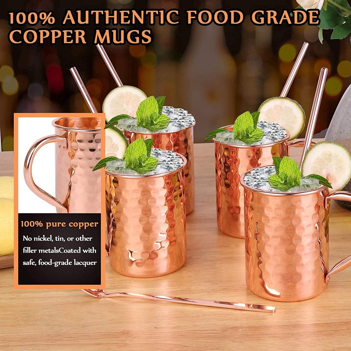 Premium 4-Piece Copper Moscow Mule Mug Set - Authentic Indian Hammered Design, 100% Food-Safe Pure Copper Cups with 4 Cocktail Straws & Stirring Spoon - Perfect for Cocktails, Gifts & Home Bar Decor