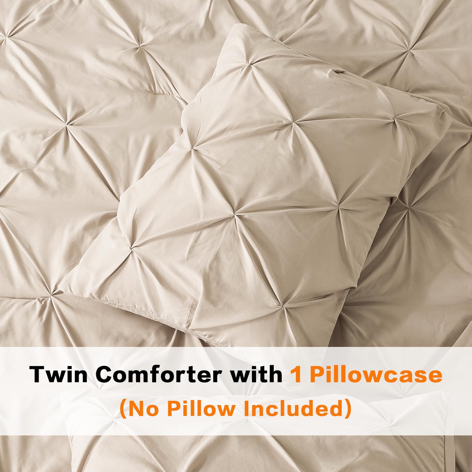 Andency Khaki Pinch Pleat Comforter Set Twin Size 66x90 Inch - 2 Piece Microfiber All Season Down Alternative Bedding (Comforter + Pillowcase) - Soft Pintuck Design for Cozy Bedroom Decor & Guest Room Essentials