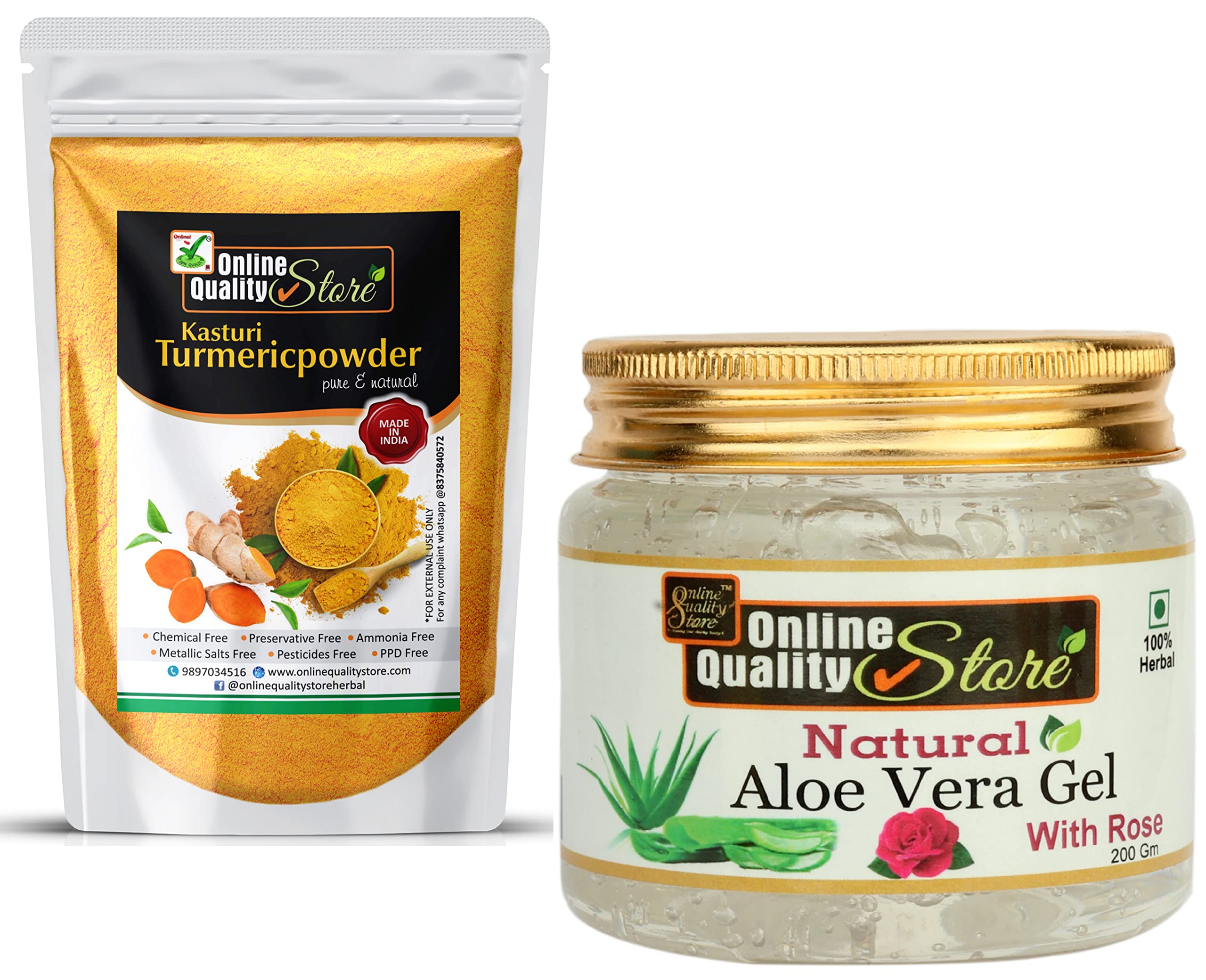 Organic Aloe Vera Gel & Kasturi Turmeric Powder Combo (200g Each) - 100% Natural Ayurvedic Skincare Set for Face & Body Care - Perfect for Glowing Skin, Acne Treatment & Moisturizing