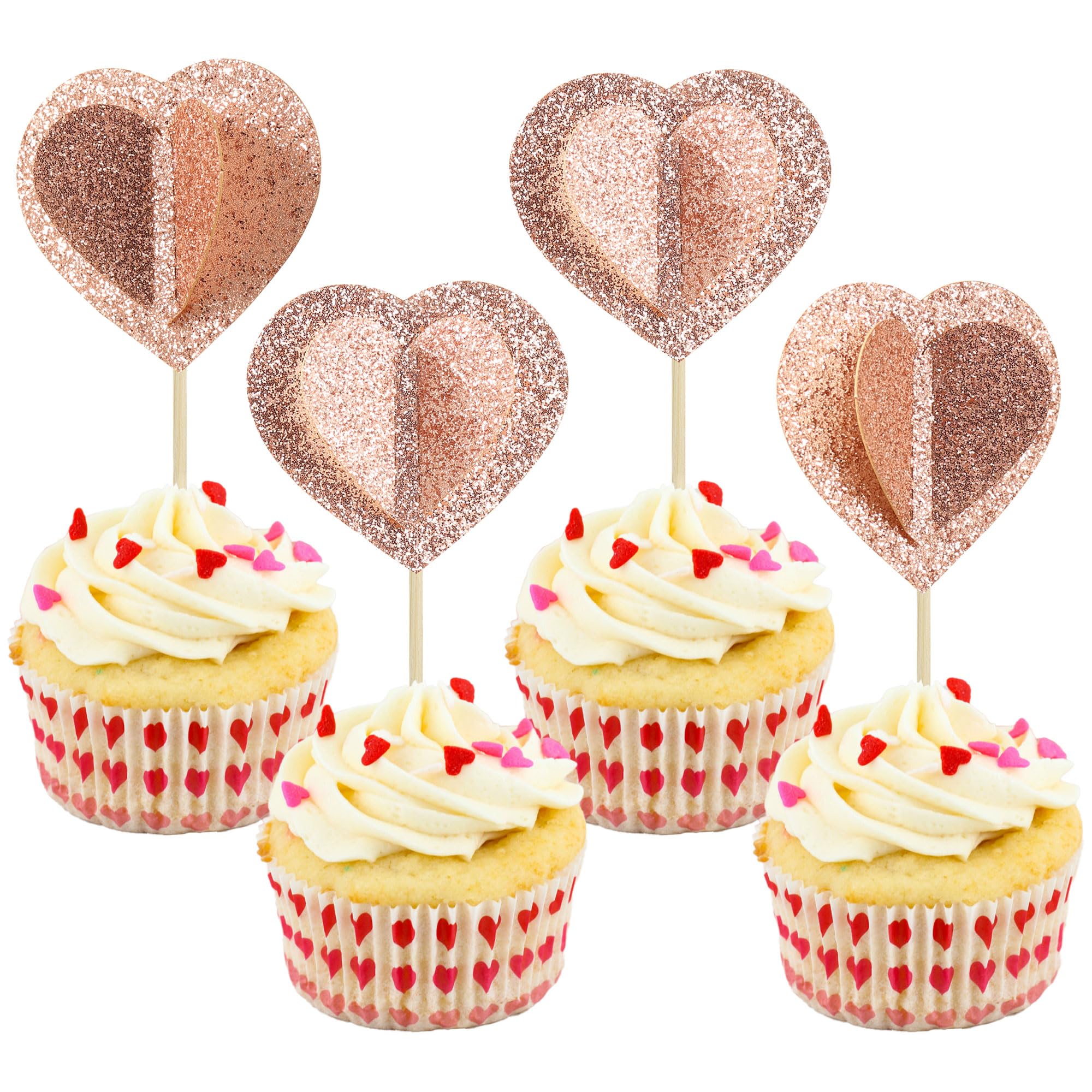 24Pcs Rose Gold Glitter 3D Heart Cupcake Toppers - Double Layer Valentine's Day Cake Decorations for Wedding, Engagement, Bridal Shower & Birthday Parties - Perfect for Romantic Celebrations and Sweet Treat Displays