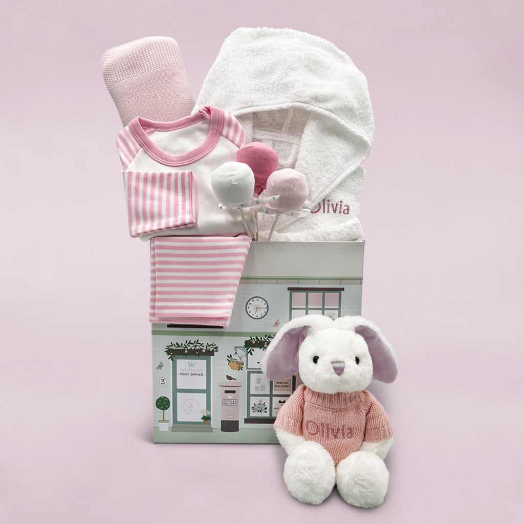Little Bunny Sleepy Time Hamper - Pink Baby Gift Set with Personalized White Bathrobe for 0-12 Months | Perfect for Newborn Showers & First Birthday Presents