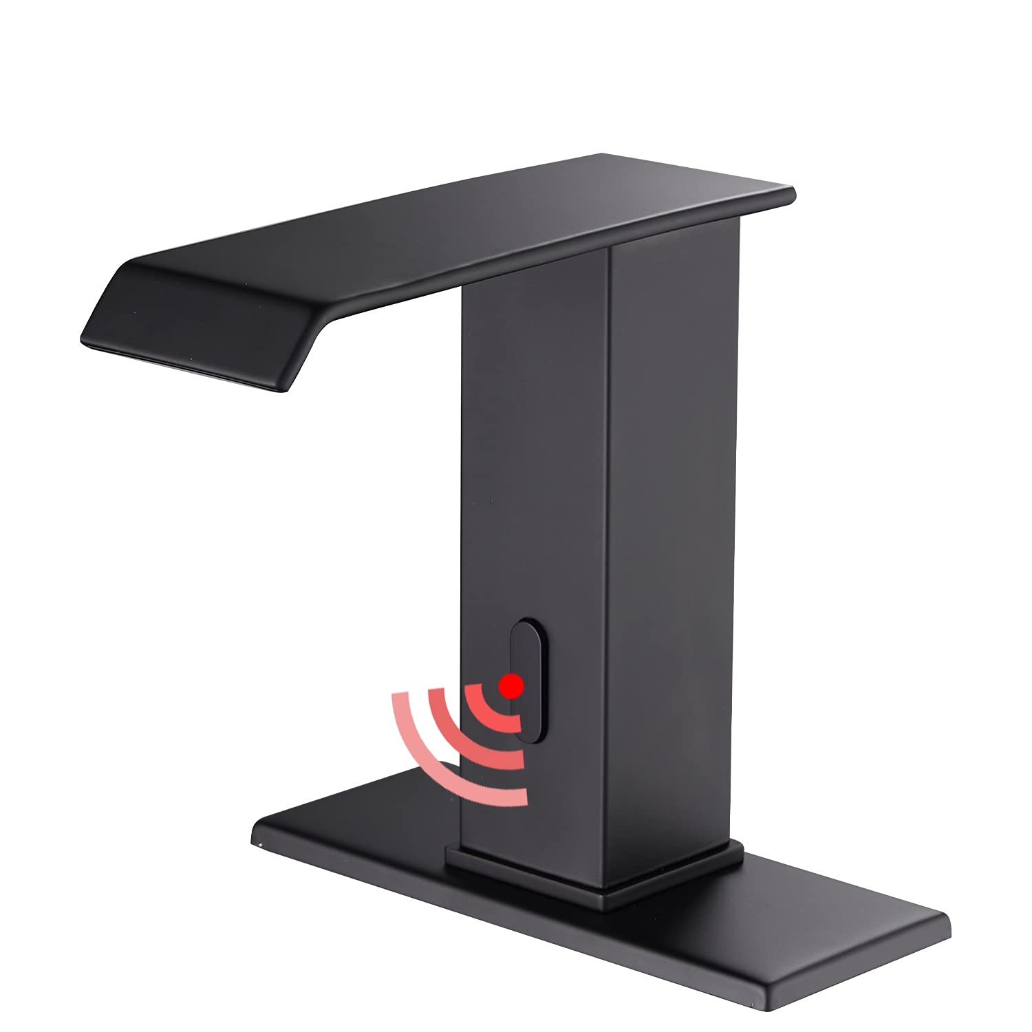 Automatic Sensor Touchless Bathroom Sink Faucet - Hands-Free Waterfall Faucet with Temperature Control & DC Power - Matte Black Vanity Faucet with Hole Cover Plate - Perfect for Modern Homes & Commercial Restrooms