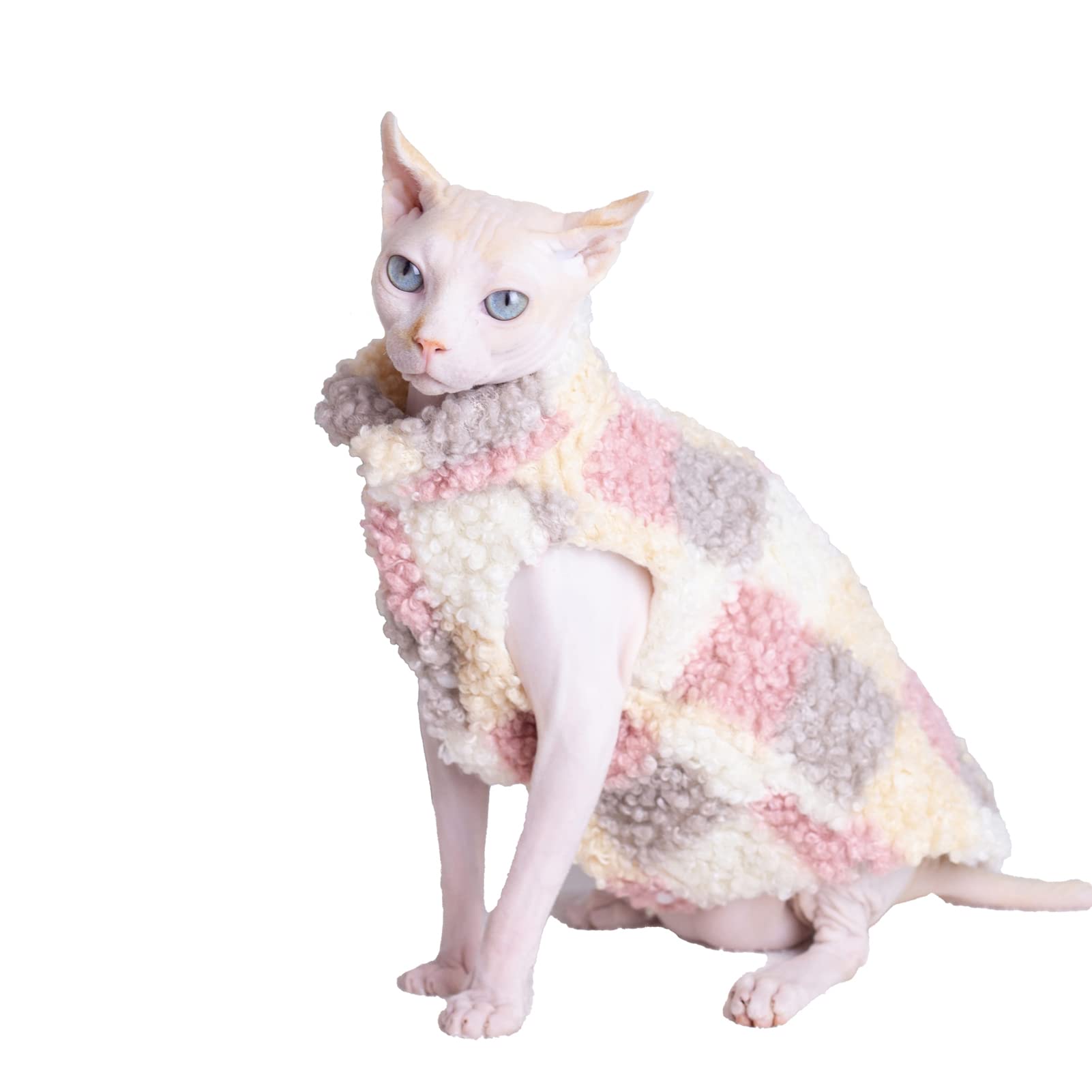 Winter Warm Faux Fur Sweater & Vintage Plaid Coat for Sphynx Cats - Soft Pajama Outfit, Hairless Cat Apparel | Perfect for Indoor Winter Wear & Photo Shoots