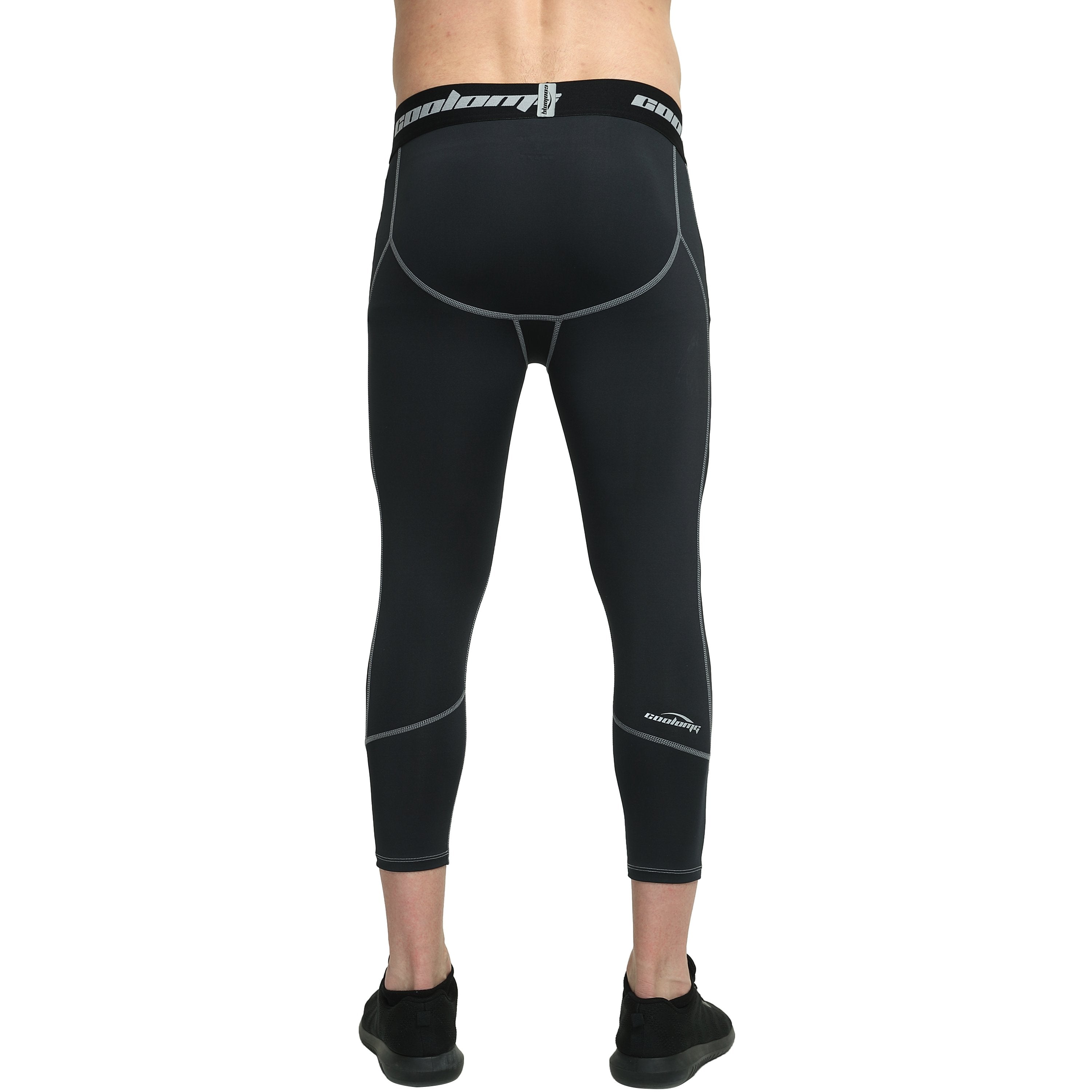 Black Compression 3/4 Tights Pants for Youth & Men - Athletic Workout, Running & Gym Performance Wear